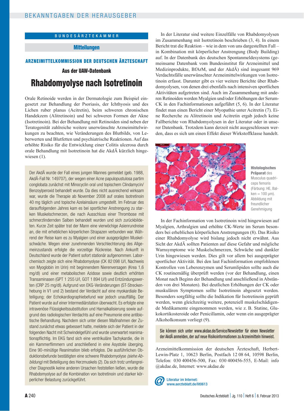 Vorschauseite 1: Arzneimittelkommission der deutschen Ärzteschaft: Aus der UAW-Datenbank Rhabdomyolyse nach Isotretinoin