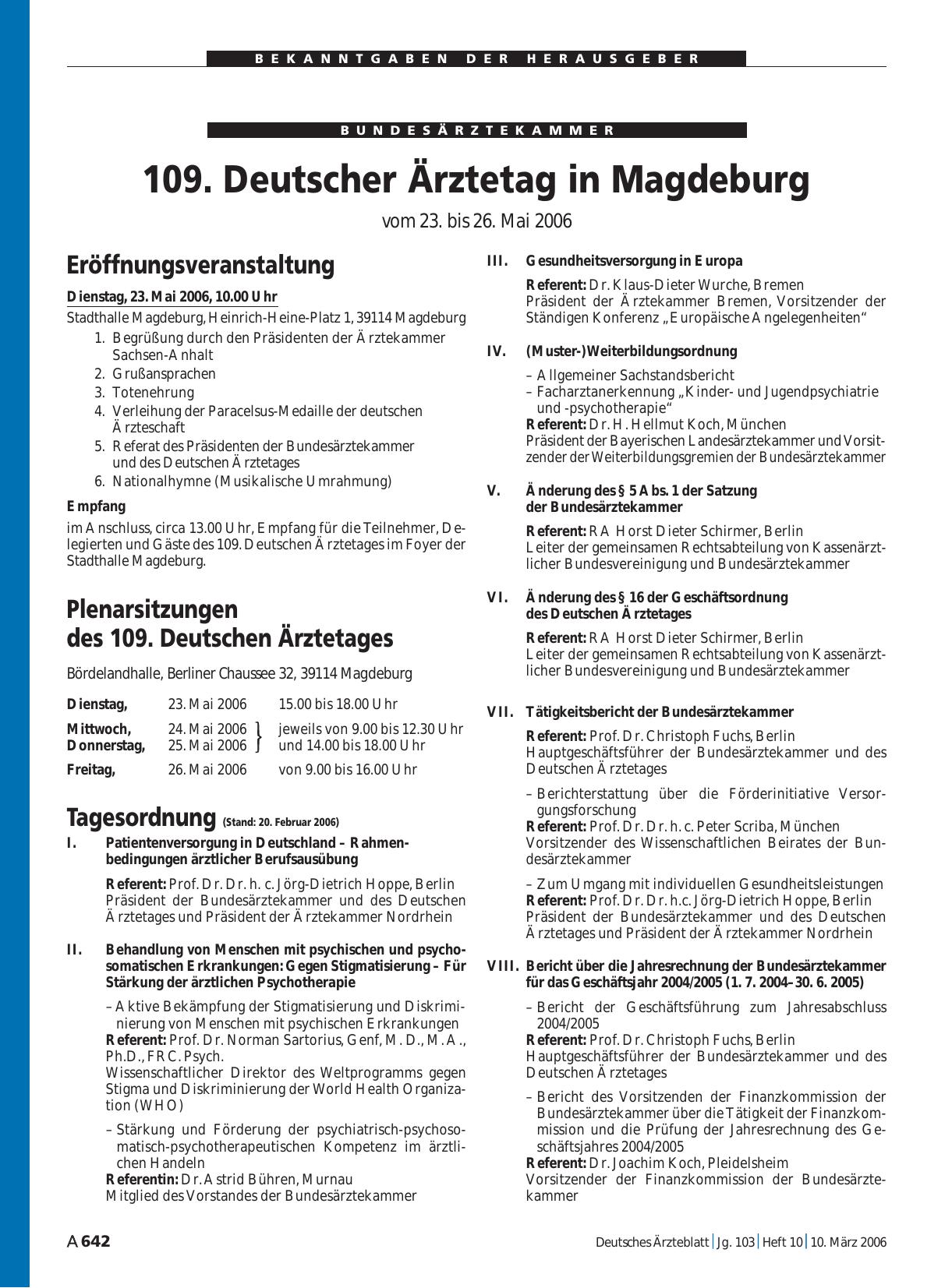 Vorschauseite 1: 109. Deutscher Ärztetag in Magdeburg vom 23. bis 26. Mai 2006