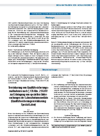 Vorschauseite 1: Vereinbarung von Qualitätssicherungsmaßnahmen nach § 135 Abs. 2 SGB V zur Erbringung von speziellen Untersuchungen der Laboratoriumsmedizin (Qualitätssicherungsvereinbarung Spezia…