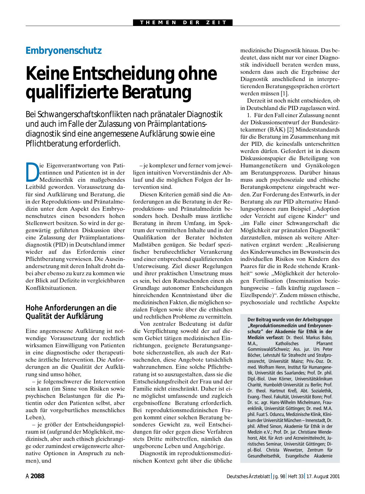 Vorschauseite 1: Embryonenschutz: Keine Entscheidung ohne qualifizierte Beratung