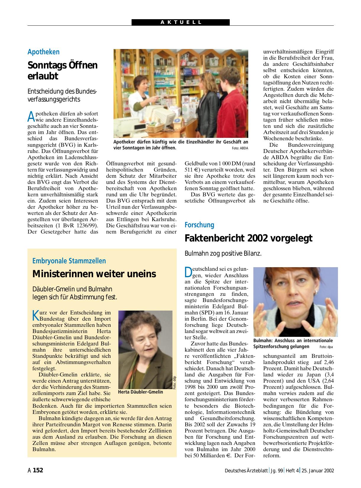 Vorschauseite 1: Embryonale Stammzellen: Ministerinnen weiter uneins