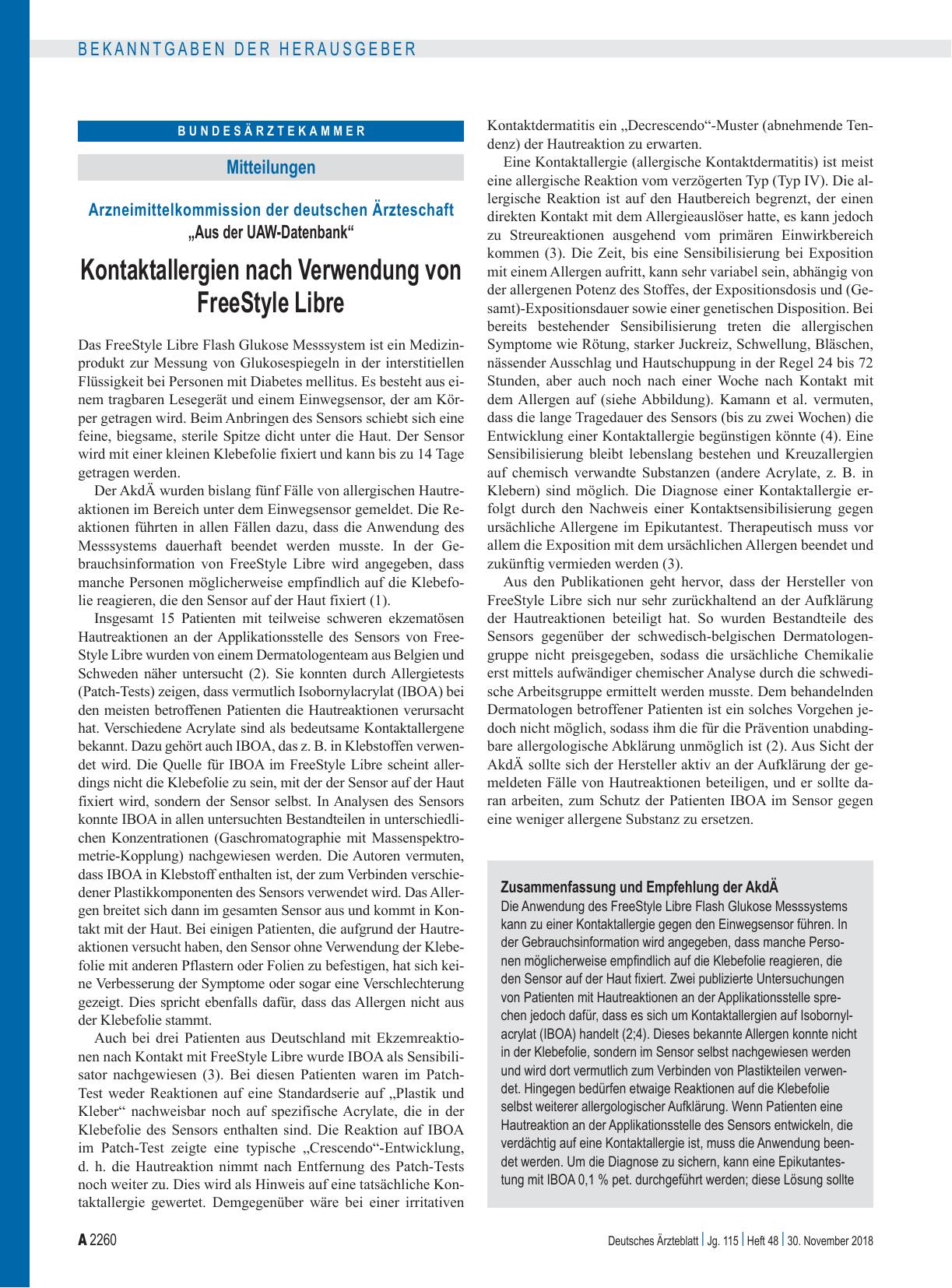 Vorschauseite 1: Arzneimittelkommission der deutschen Ärzteschaft: „Aus der UAW-Datenbank“ – Kontaktallergien nach Verwendung von FreeStyle Libre