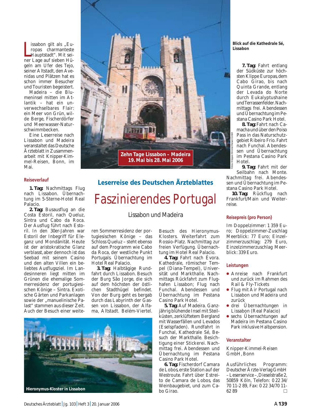 Vorschauseite 1: Leserreise des Deutschen Ärzteblattes: Faszinierendes Portugal – Lissabon und Madeira