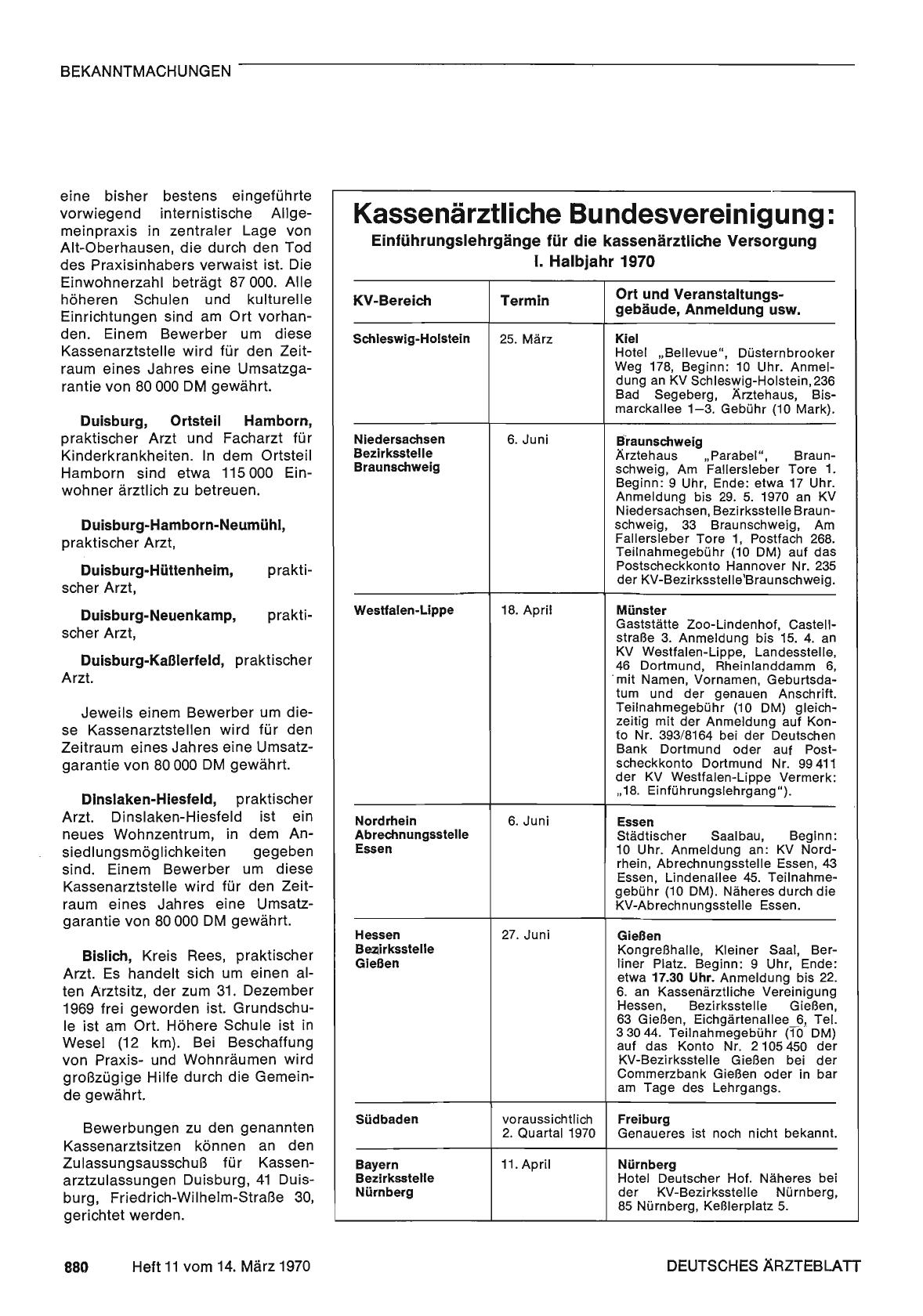 Vorschauseite 1: Kassenärztliche Bundesvereinigung: Einführungslehrgänge für die kassenärztliche Versorgung I. Halbjahr 1970
