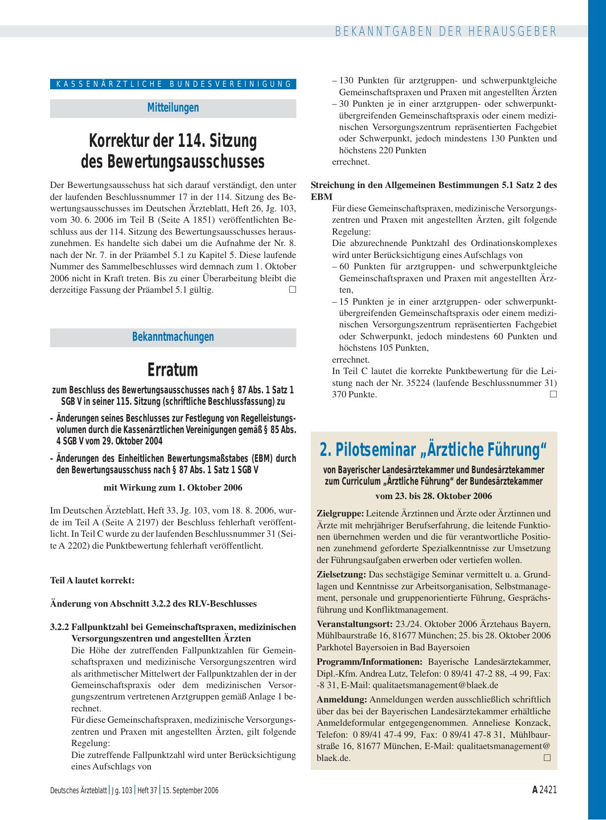 Vorschauseite 1: 2. Pilotseminar „Ärztliche Führung“ von Bayerischer Landesärztekammer und Bundesärztekammer zum Curriculum „Ärztliche Führung“ der Bundesärztekammer vom 23. bis 28. Oktober 2006