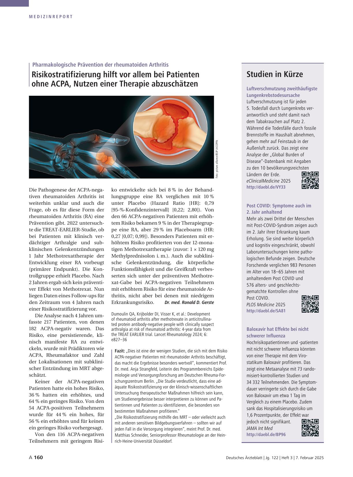 Vorschauseite 1: Pharmakologische Prävention der rheumatoiden Arthritis: Risikostratifizierung hilft vor allem bei Patienten ohne ACPA, Nutzen einer Therapie abzuschätzen.