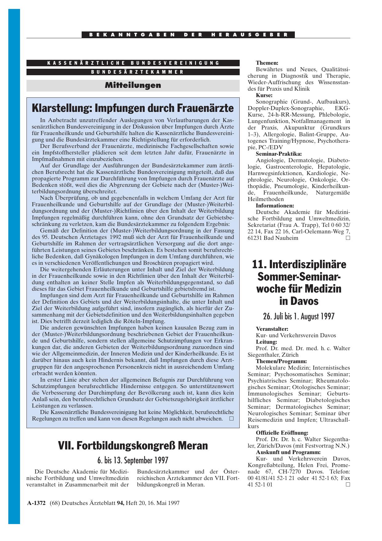 Vorschauseite 1: VII. Fortbildungskongreß Meran: 6. bis 13. September 1997