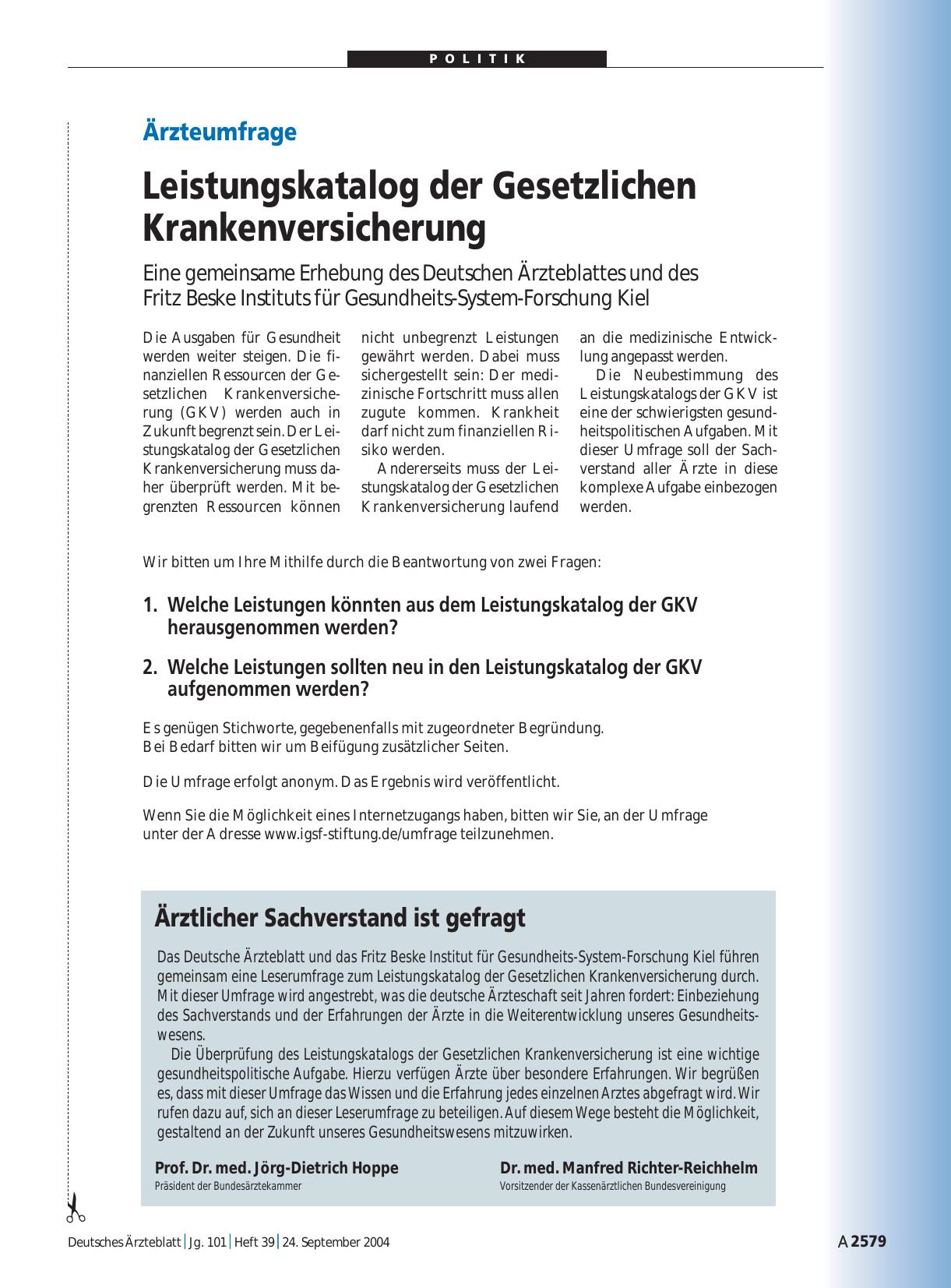 Vorschauseite 1: Ärzteumfrage: Leistungskatalog der Gesetzlichen Krankenversicherung
