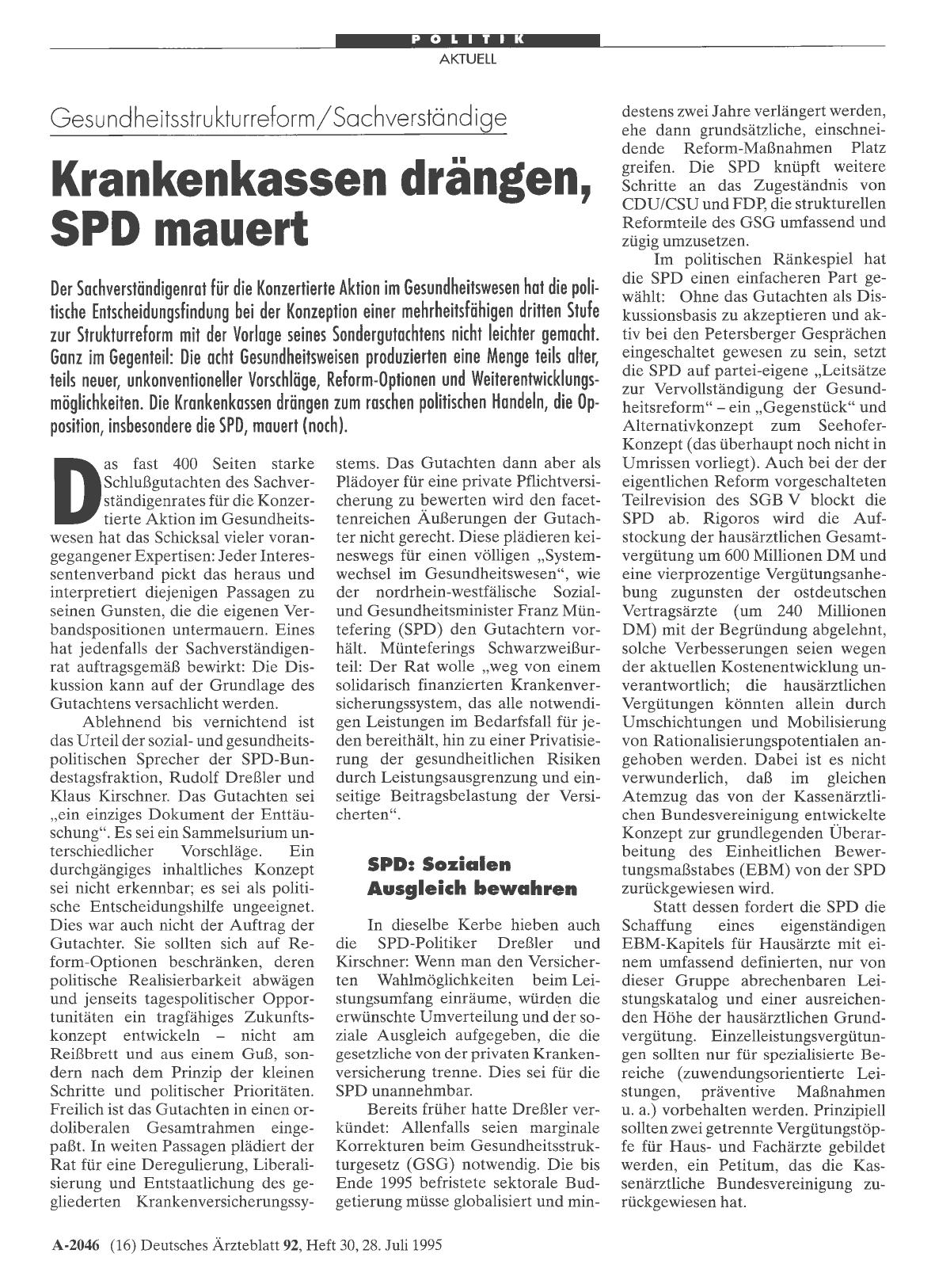 Vorschauseite 1: Gesundneitsstrukturreform/Sachverständige: Krankenkassen drängen, SPD mauert