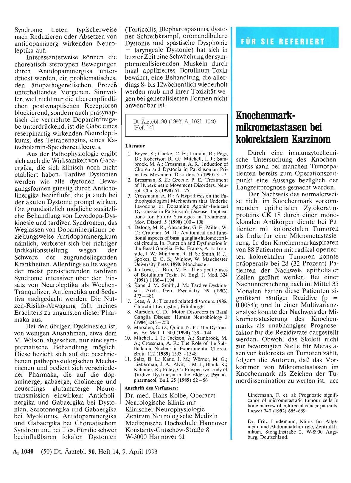 Vorschauseite 1: Knochenmarkmikrometastasen bei kolorektalem Karzinom