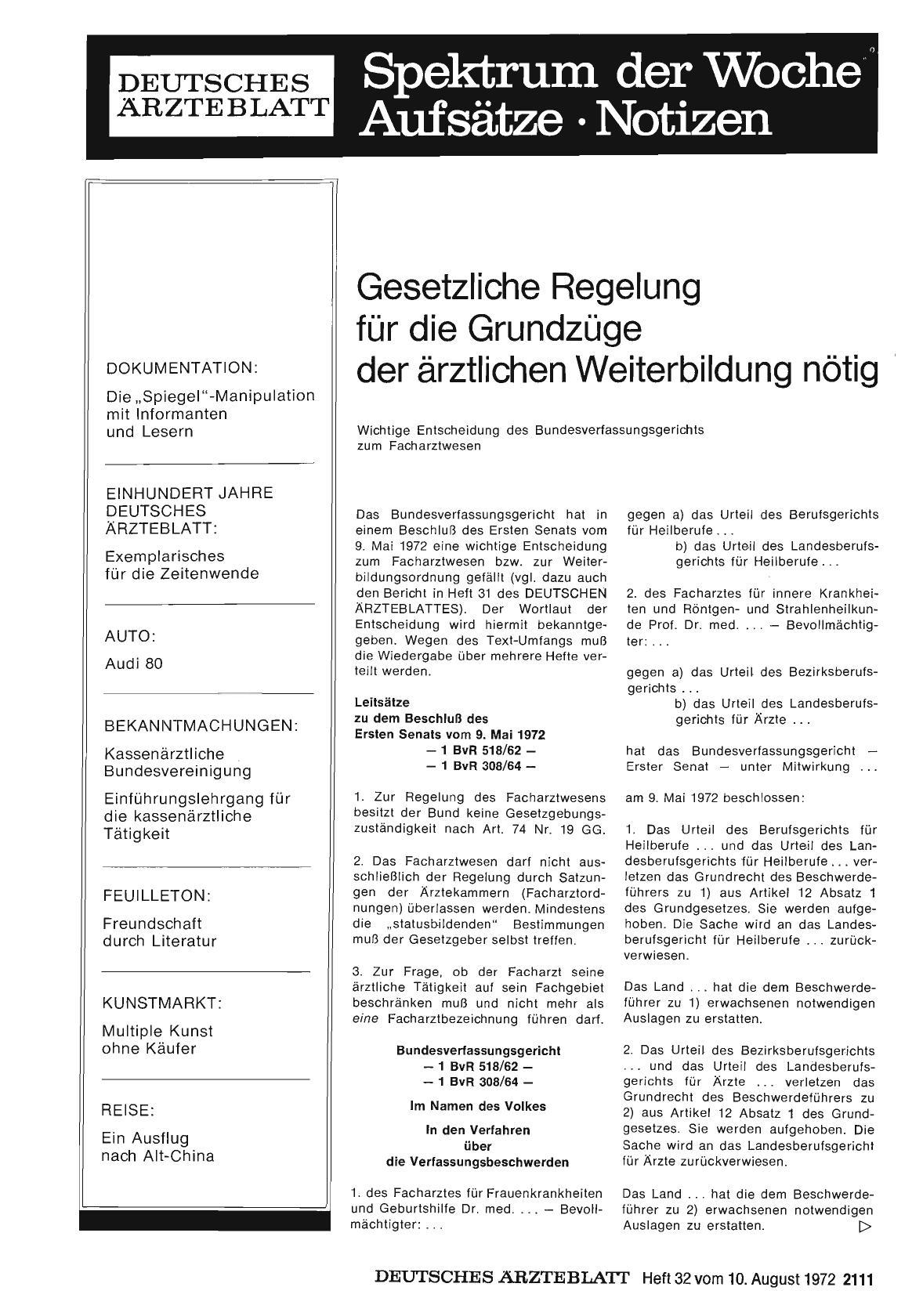 Vorschauseite 1: Gesetzliche Regelung für die Grundzüge der ärztlichen Weiterbildung nötig: Wichtige Entscheidung des Bundesverfassungsgerichts zum Facharztwesen