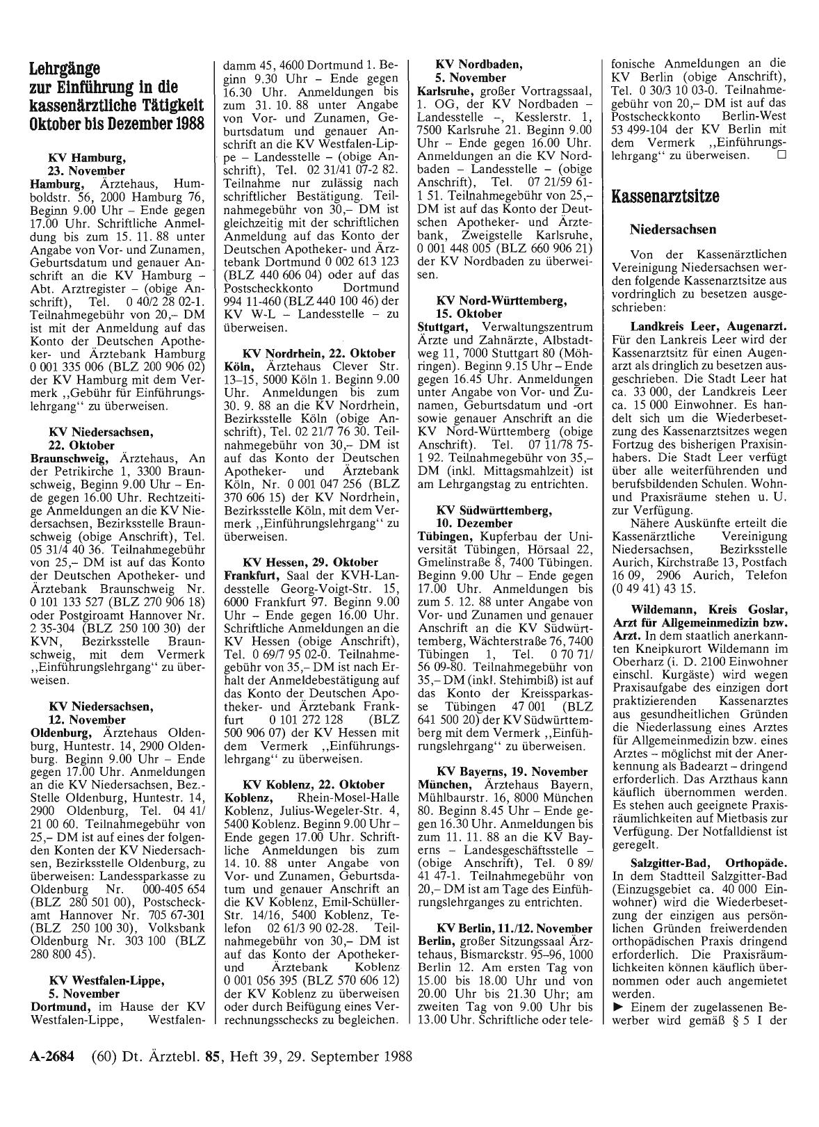 Vorschauseite 1: Lehrgänge zur Einführung ln die kassenärzutche Tätigkeit Oktober bis Dezember 1988