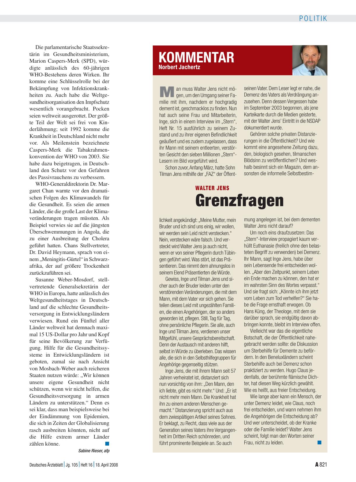 Vorschauseite 1: Kommentar - Walter Jens: Grenzfragen