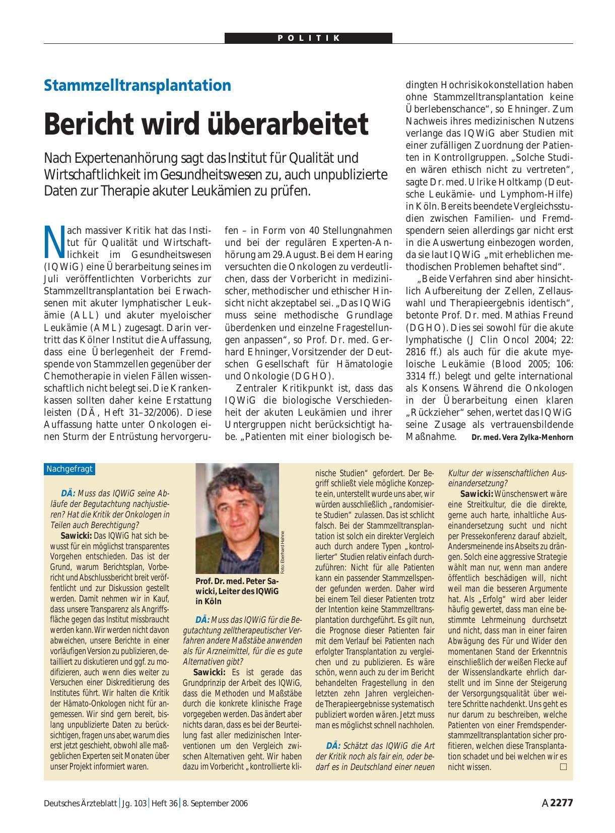Vorschauseite 1: Stammzelltransplantation: Bericht wird überarbeitet