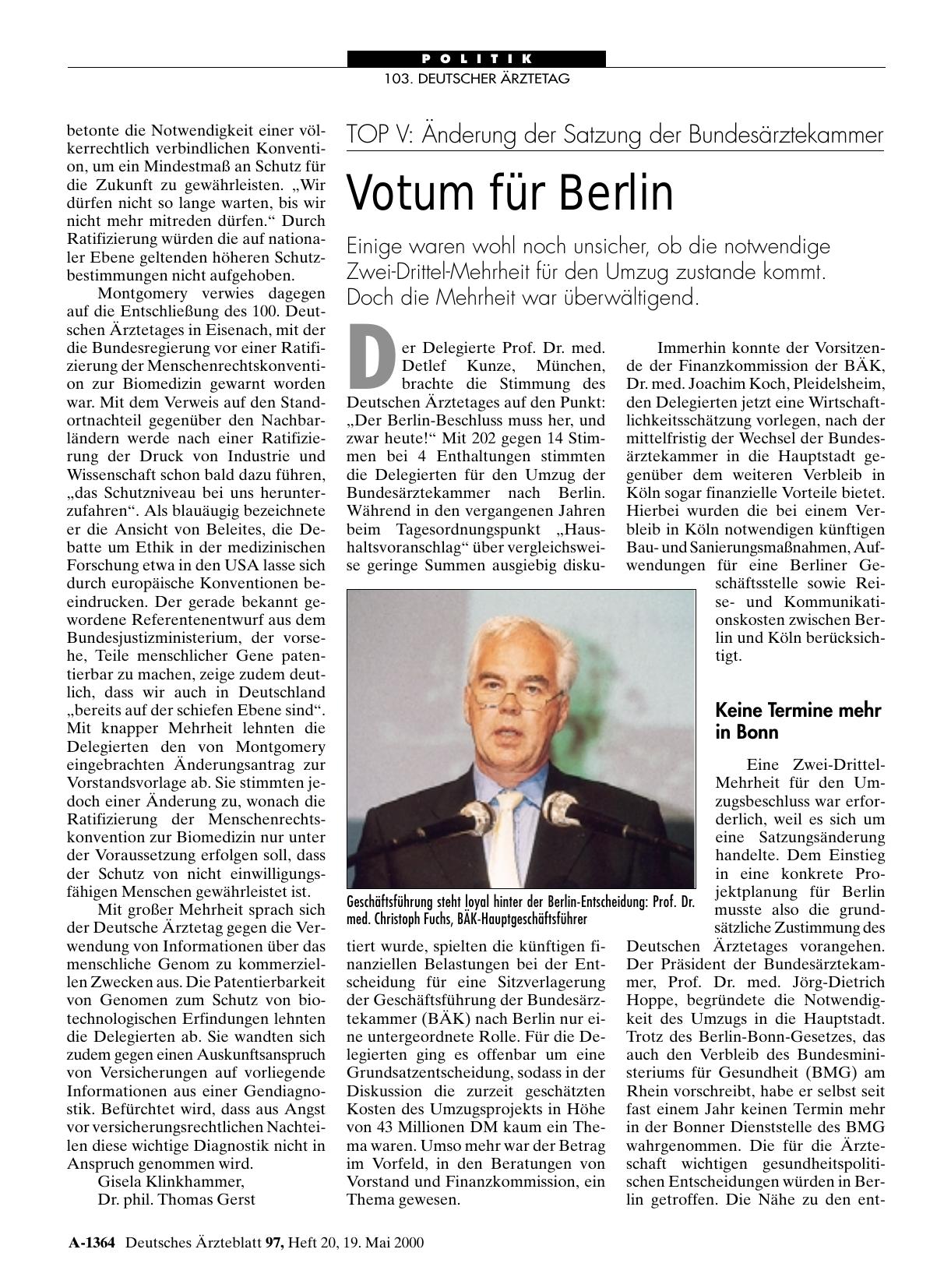 Vorschauseite 1: TOP V: Änderung der Satzung der Bundesärztekammer: Votum für Berlin