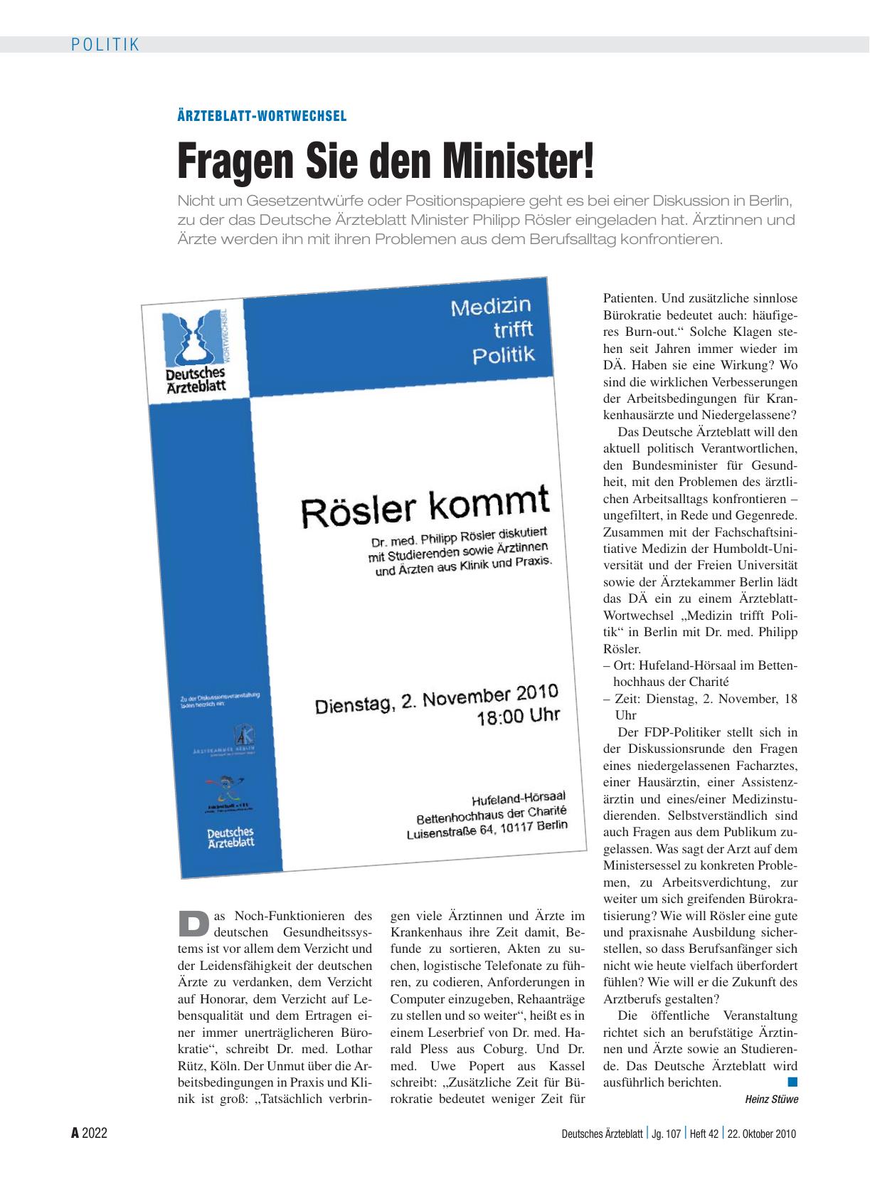 Vorschauseite 1: Ärzteblatt-Wortwechsel: Fragen Sie den Minister!