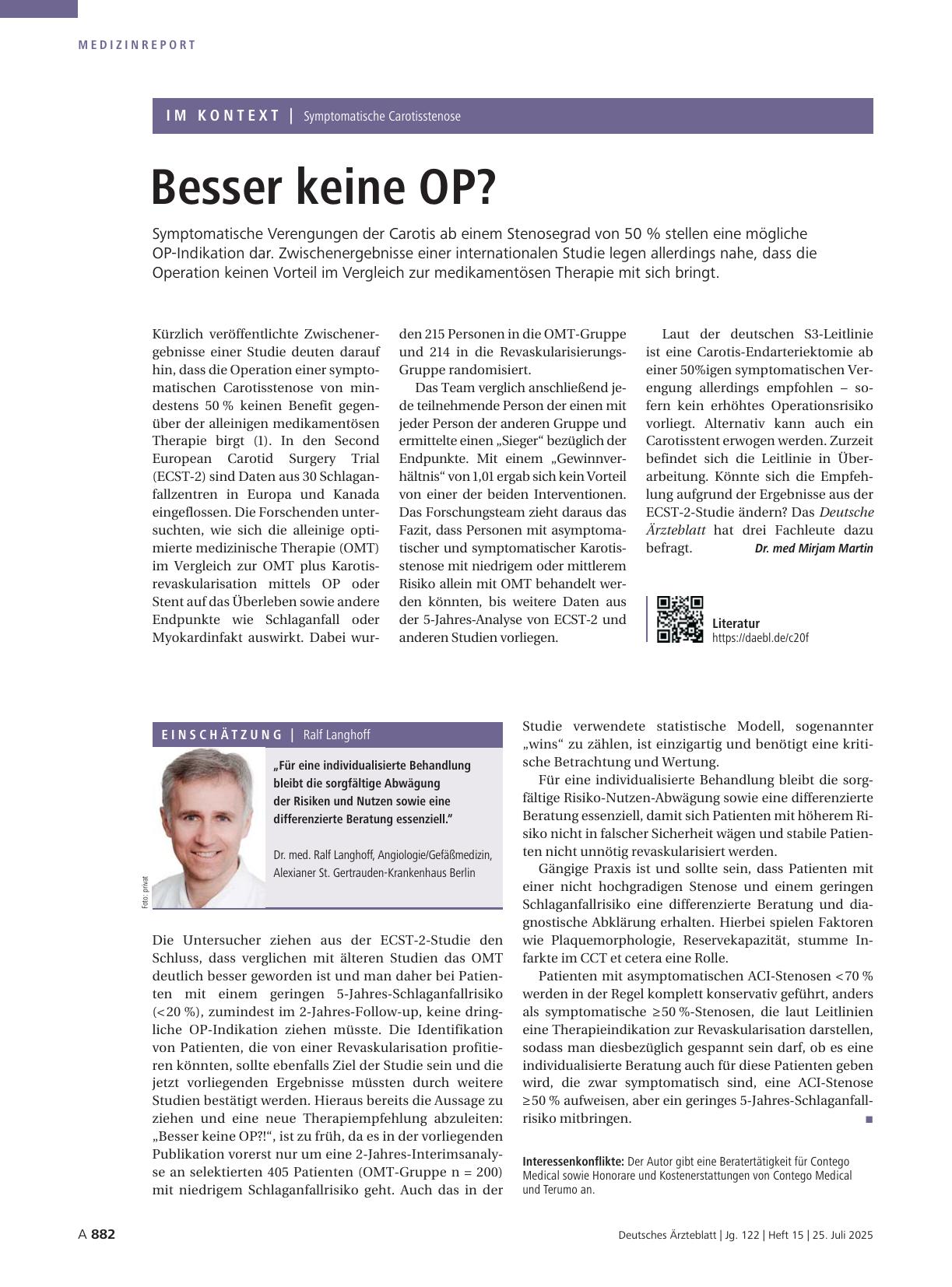Vorschauseite 1: Symptomatische Carotisstenose: Besser keine OP?