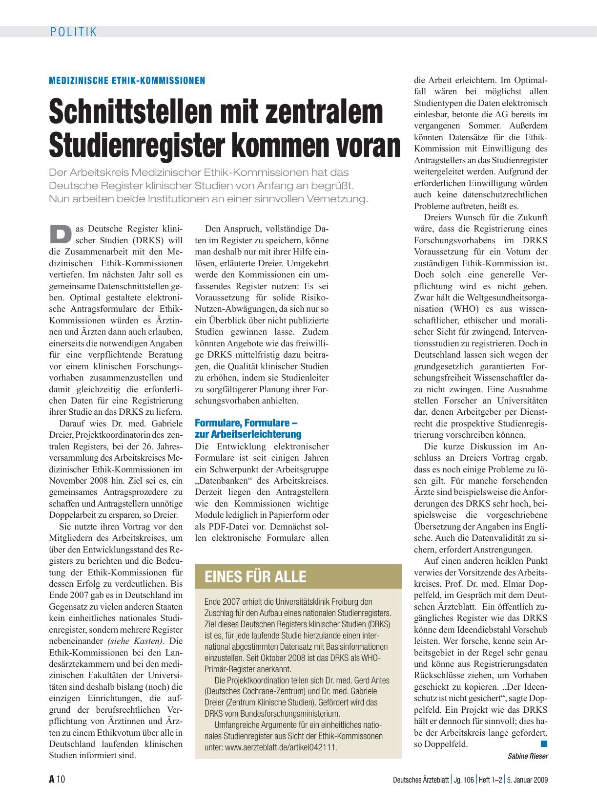Vorschauseite 1: Medizinische Ethik-Kommisionen: Schnittstellen mit zentralem Studienregister kommen voran