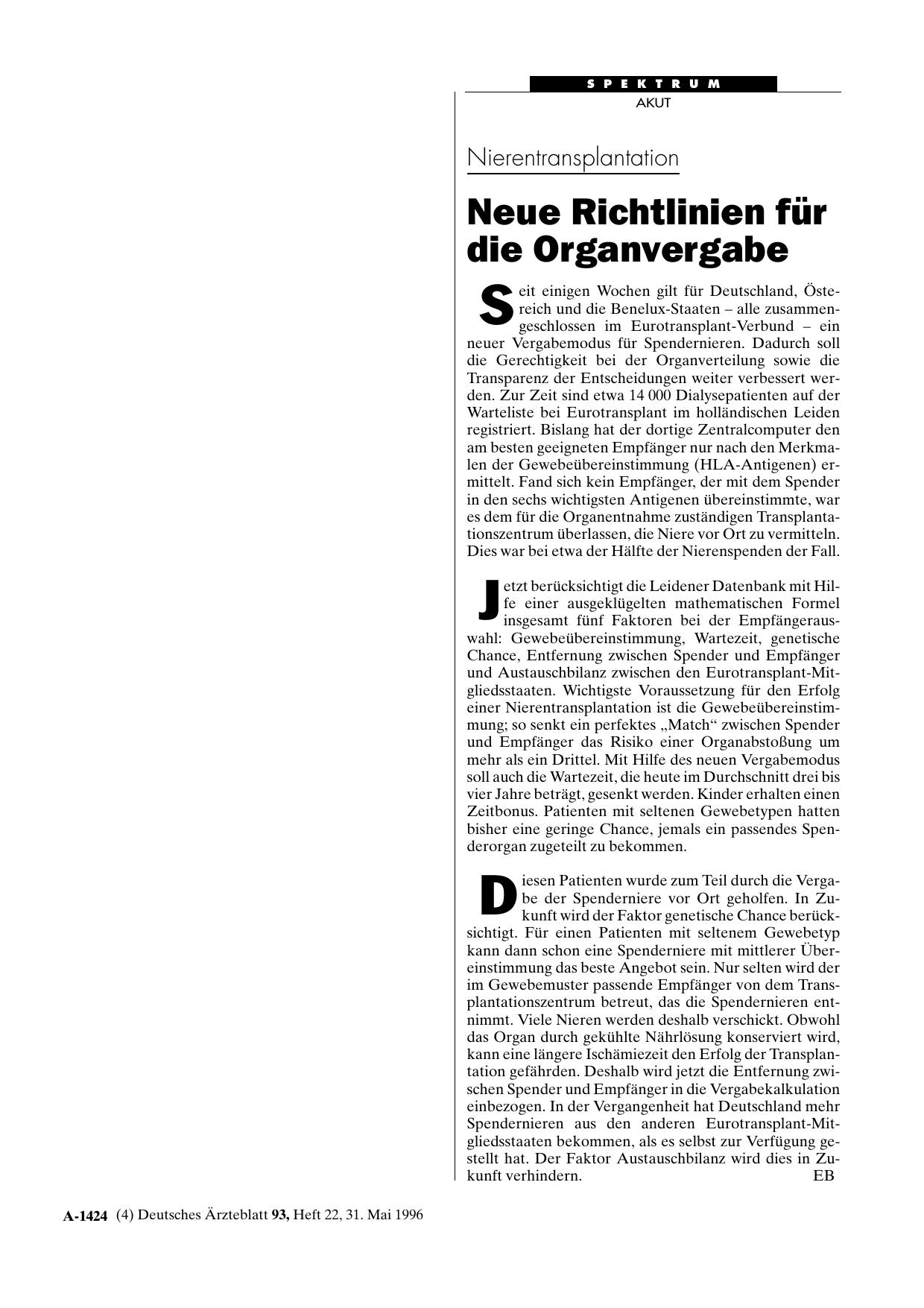 Vorschauseite 1: Nierentransplantation: Neue Richtlinien für die Organvergabe