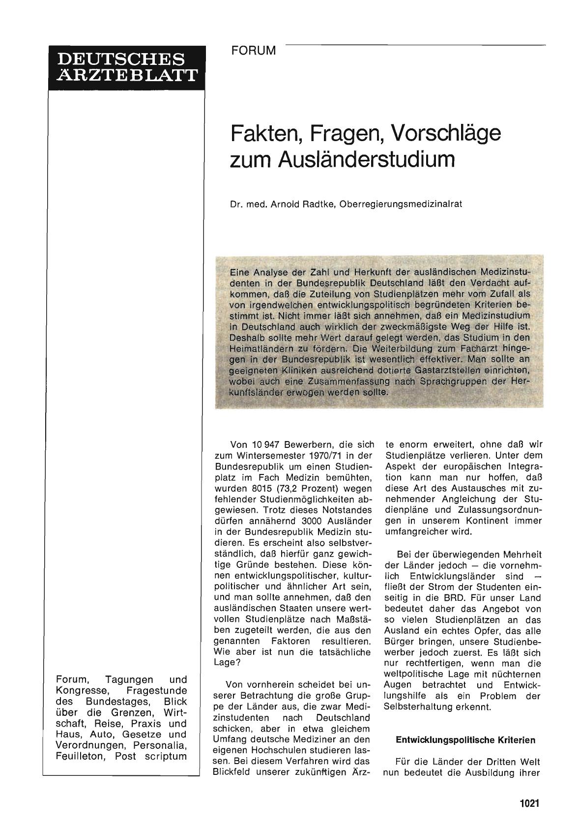 Vorschauseite 1: Fakten, Fragen, Vorschläge zum Ausländerstudium