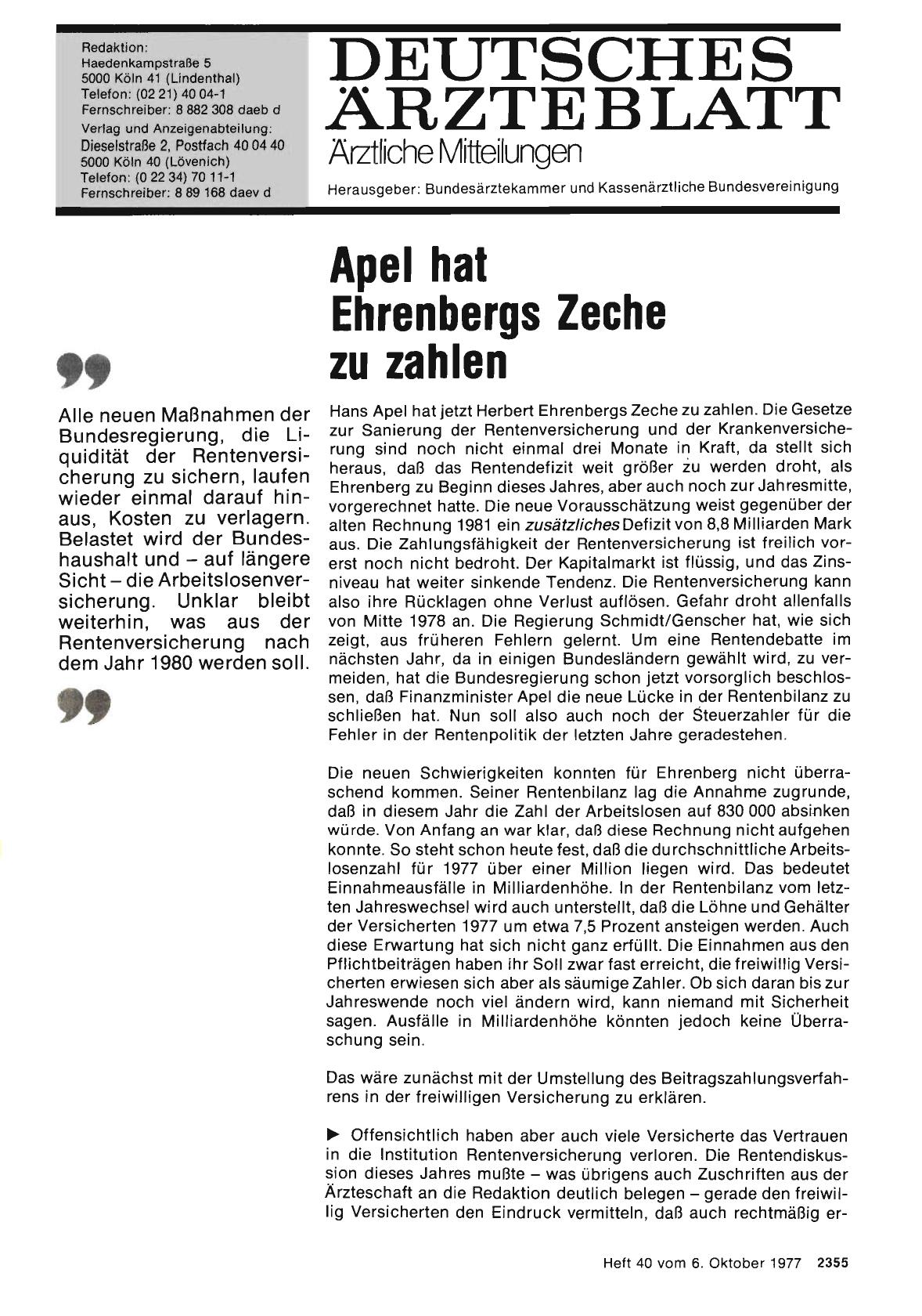 Vorschauseite 1: Apel hat Ehrenbergs Zeche zu zahlen