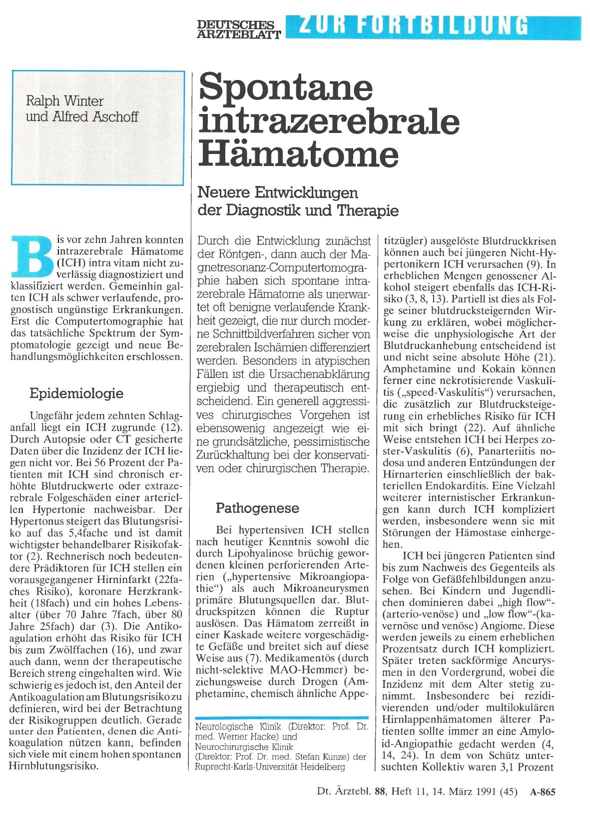 Vorschauseite 1: Spontane intrazerebrale Hämatome: Neuere Entwicklungen der Diagnostik und Therapie