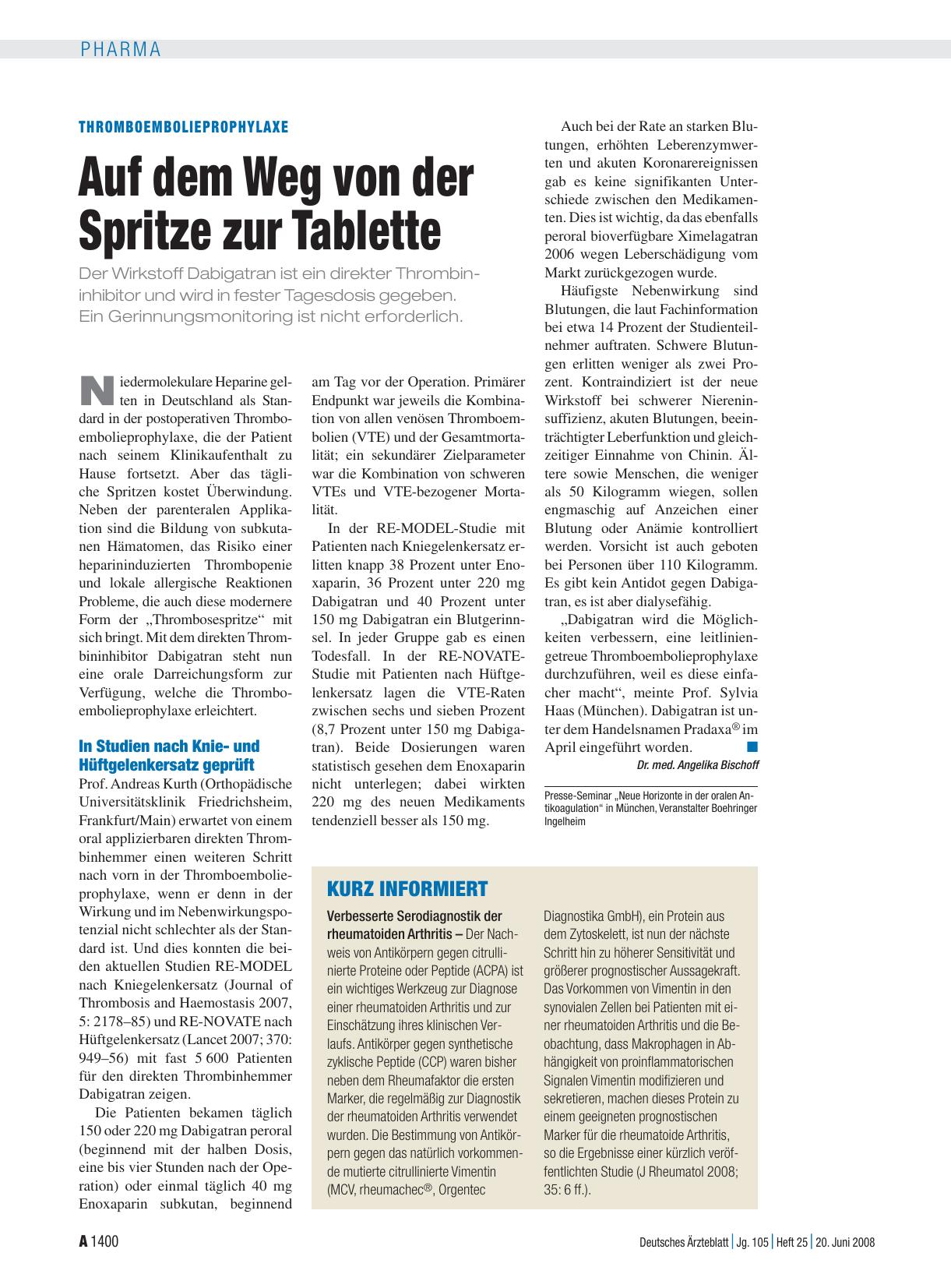 Vorschauseite 1: Thromboembolieprophylaxe: Auf dem Weg von der Spritze zur Tablette