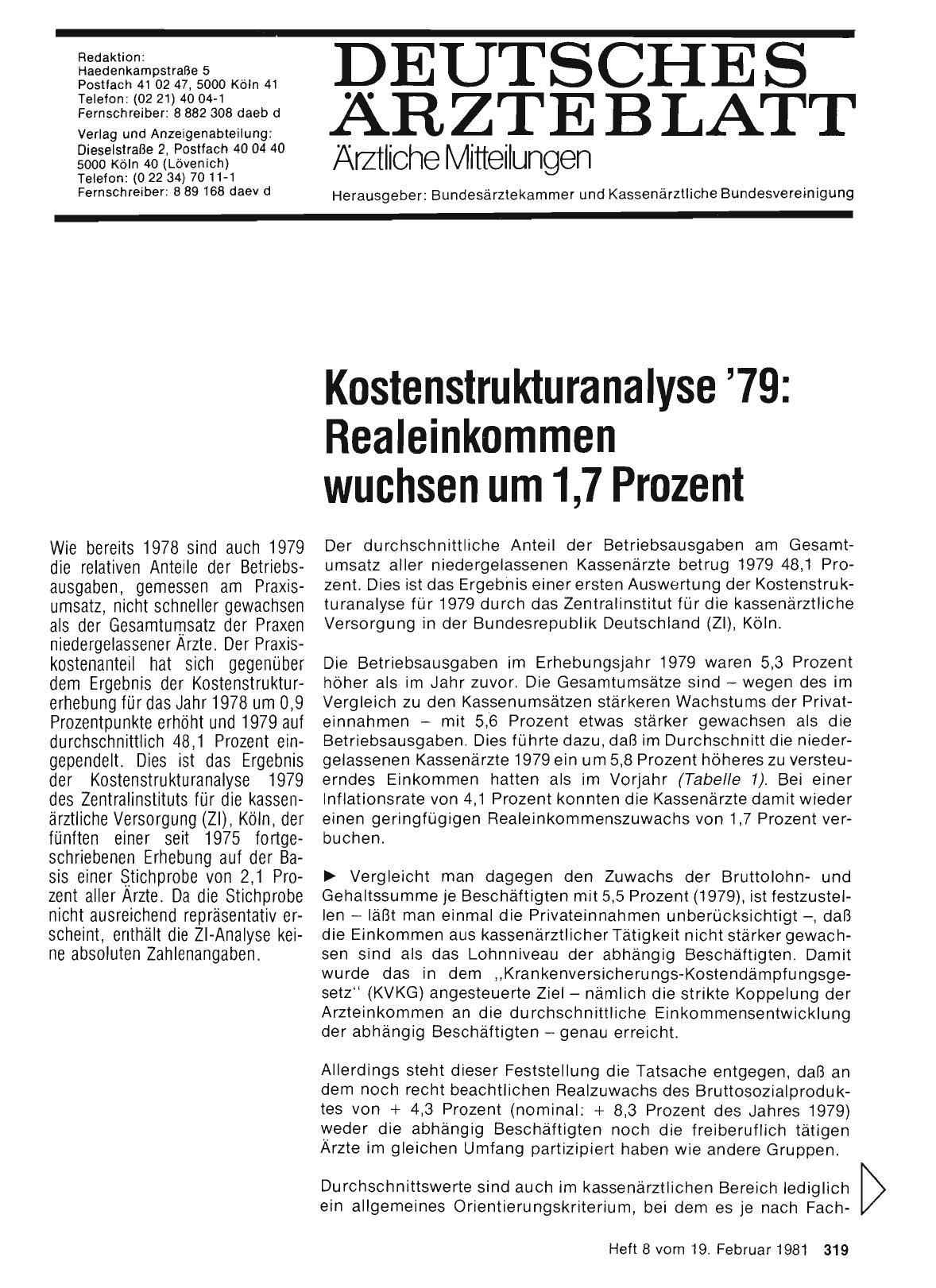 Vorschauseite 1: Kostenstrukturanalyse '79: Realeinkommen wuchsen um 1, 7 Prozent