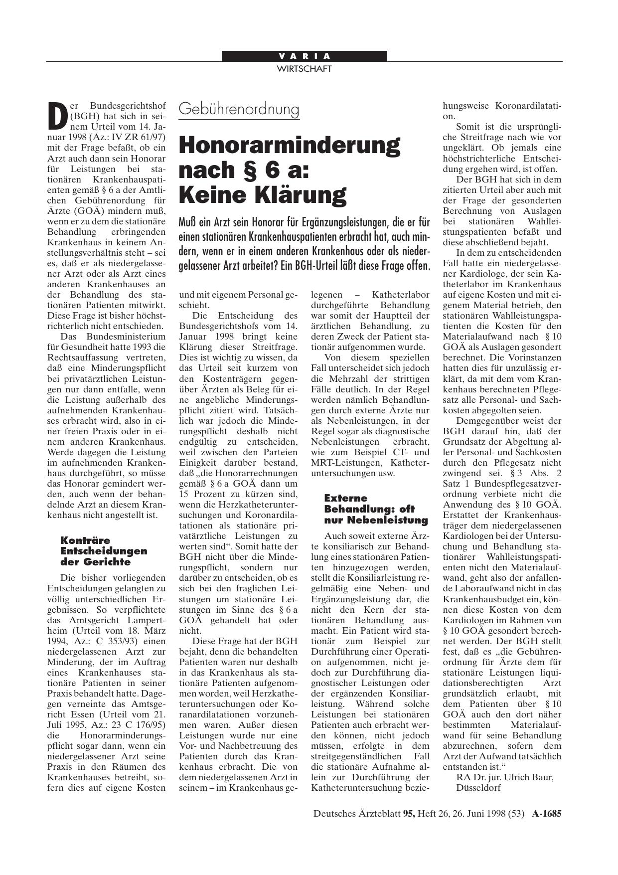 Vorschauseite 1: Gebührenordnung – Honorarminderung nach § 6 a: Keine Klärung