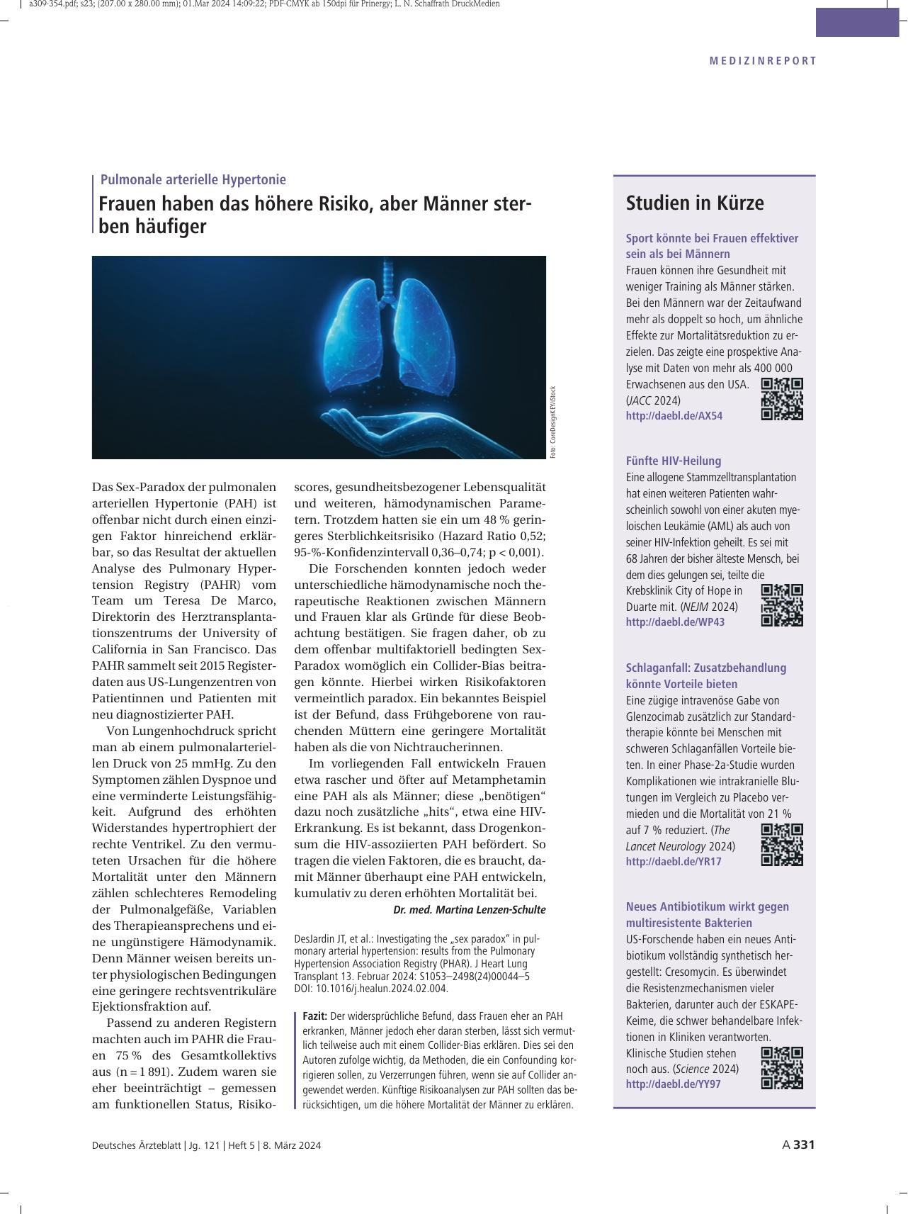 Vorschauseite 1: Pulmonale arterielle Hypertonie: Frauen haben das höhere Risiko, aber Männer sterben häufiger.