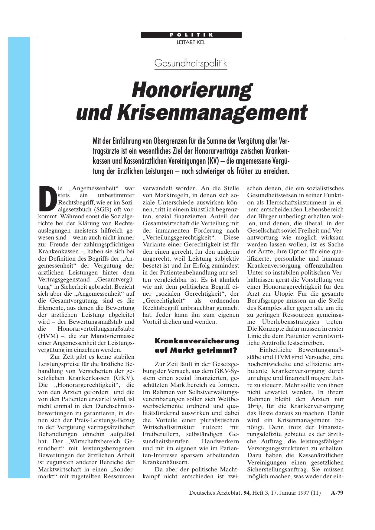 Vorschauseite 1: Gesundheitspolitik: Honorierung und Krisenmanagement
