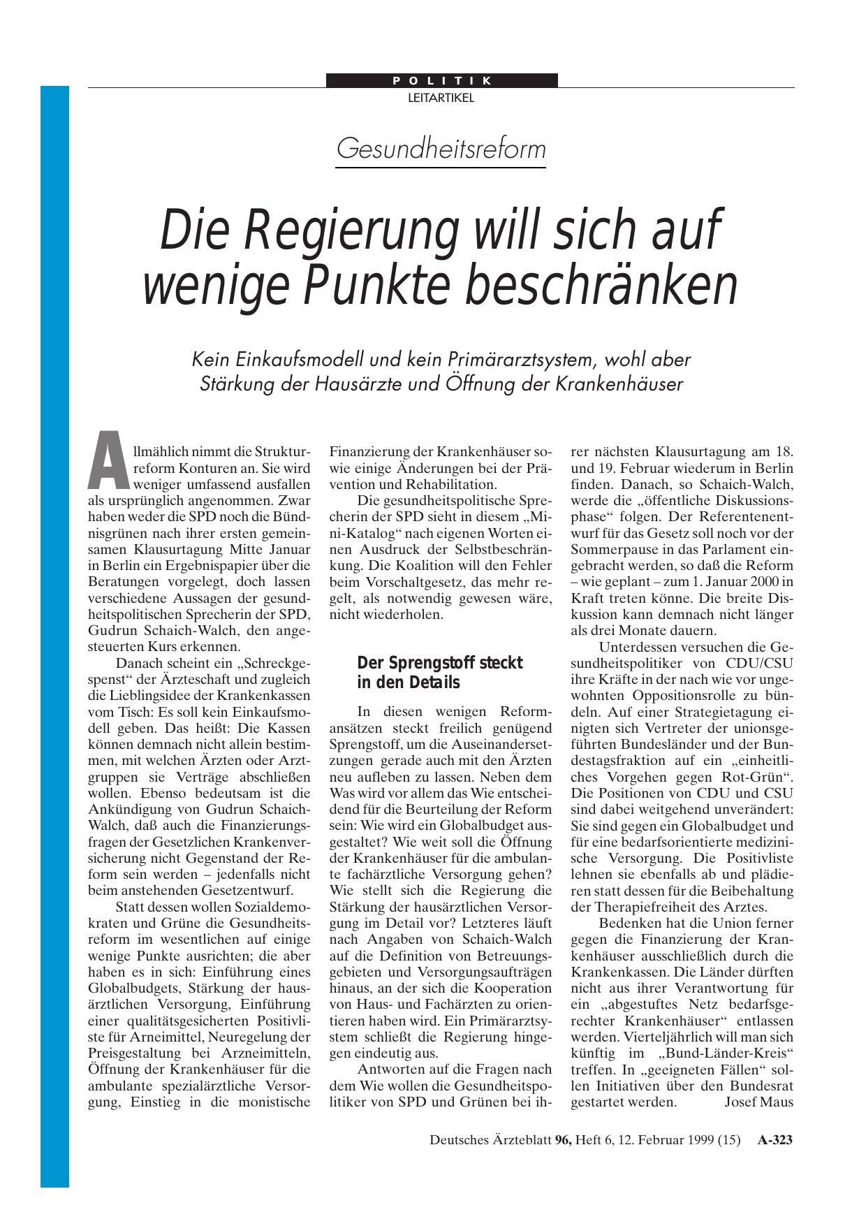 Vorschauseite 1: Gesundheitsreform: Die Regierung will sich auf wenige Punkte beschränken