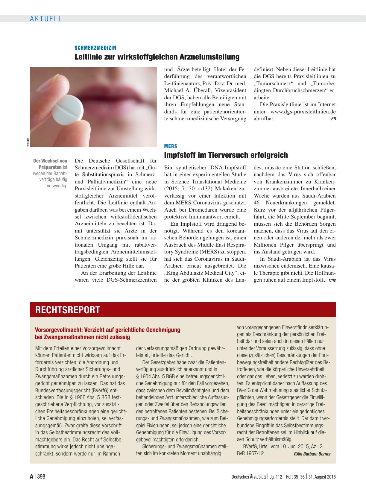Vorschauseite 1: Schmerzmedizin: Leitlinie zur wirkstoffgleichen Arzneiumstellung