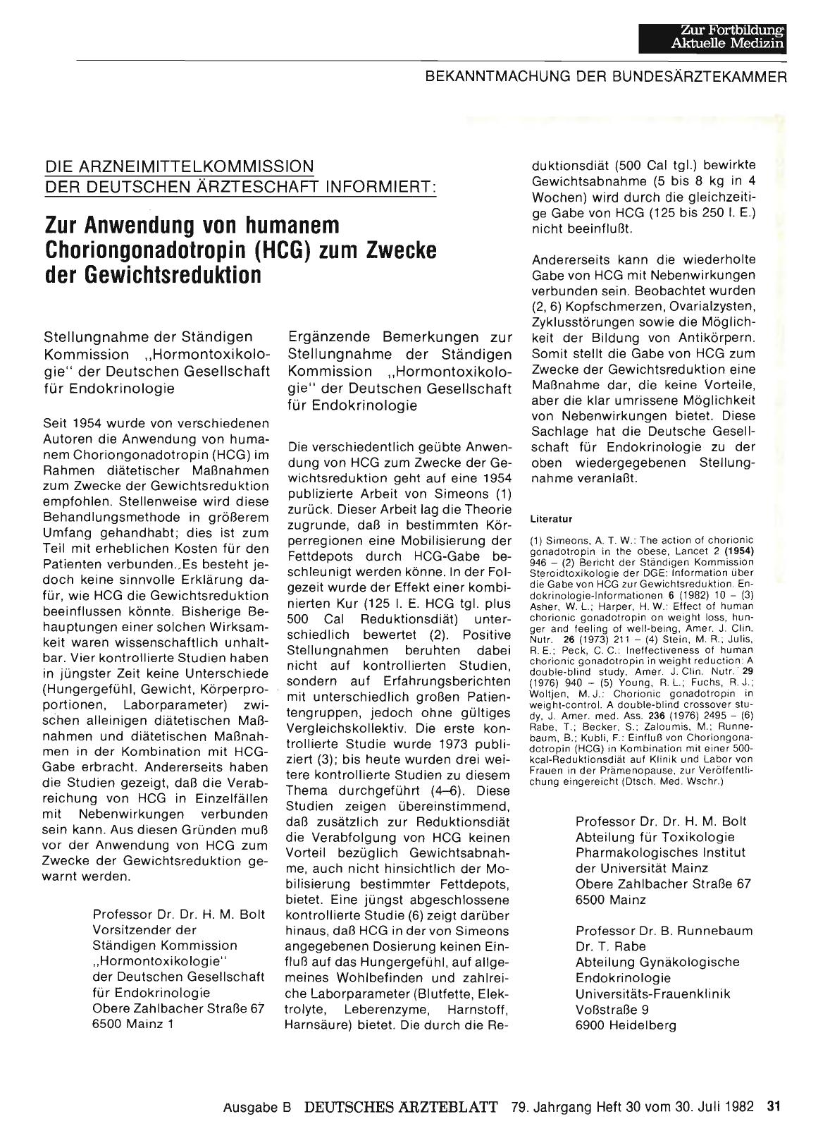 Vorschauseite 1: Zur Anwendung von humanem Choriongonadotropin (HCG) zum Zwecke der Gewichtsreduktion
