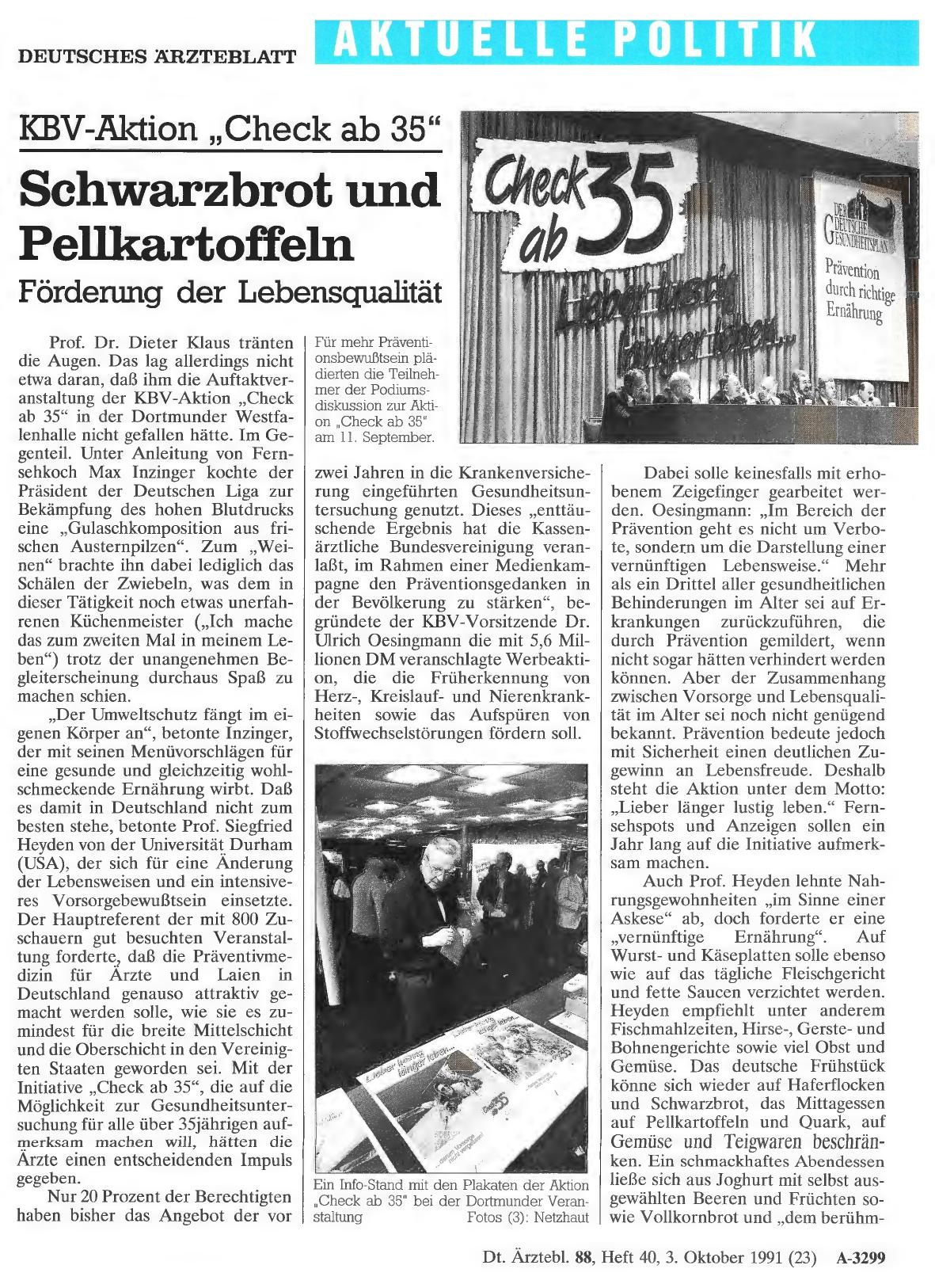 Vorschauseite 1: KBV-Aktion „Check ab 35“: Schwarzbrot und Pellkartoffeln