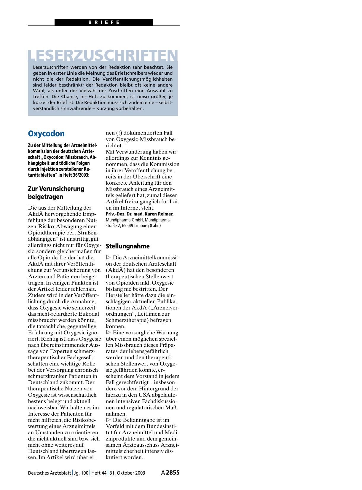 Vorschauseite 1: Oxycodon: Stellungnahme