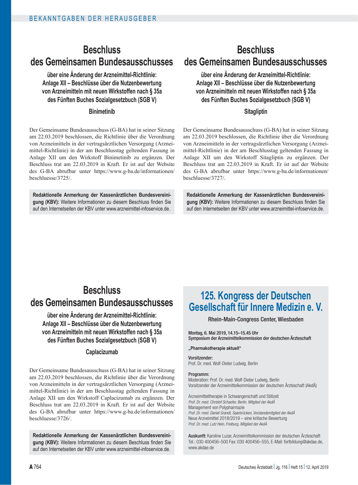 Vorschauseite 1: Beschluss des Gemeinsamen Bundesausschusses über eine Änderung der Arzneimittel-Richtlinie: Anlage XII – Sitagliptin