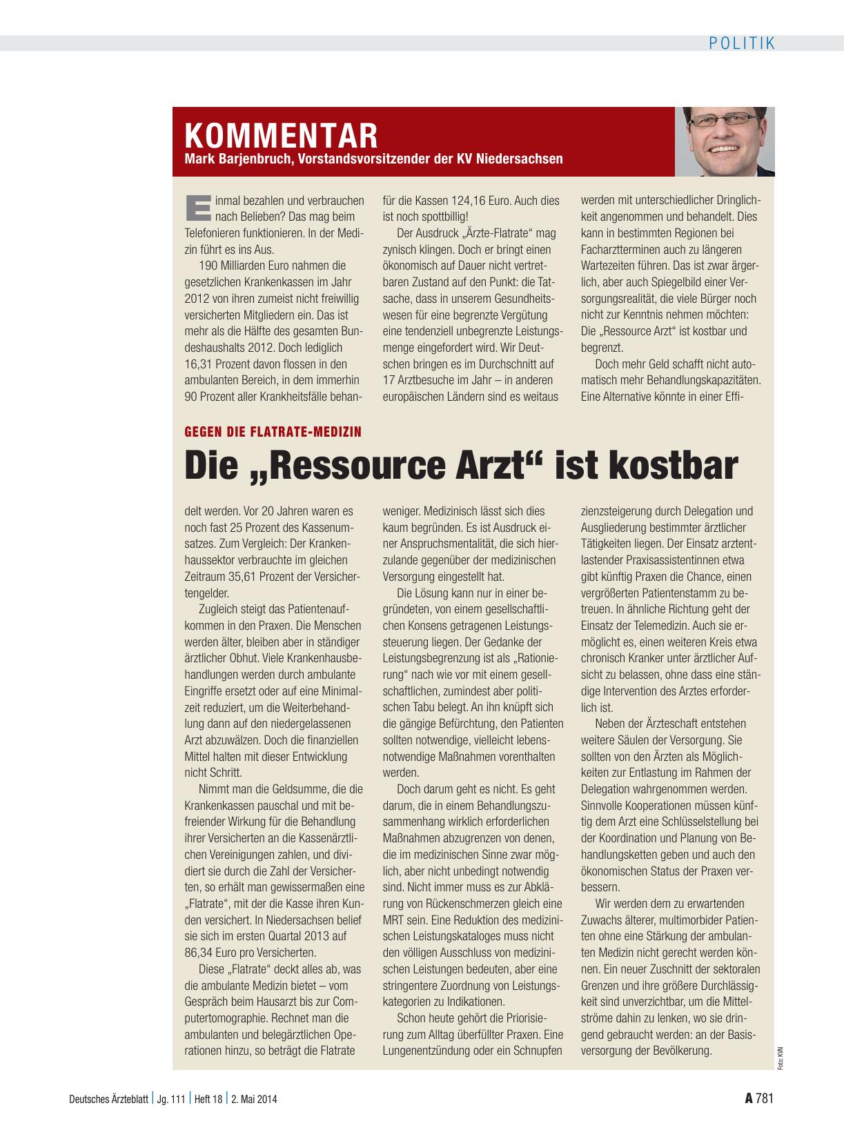 Vorschauseite 1: Gegen die Flatrate-Medizin: Die „Ressource Arzt“ ist kostbar