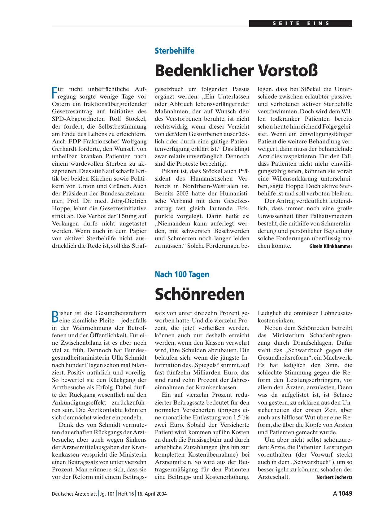 Vorschauseite 1: Sterbehilfe: Bedenklicher Vorstoß