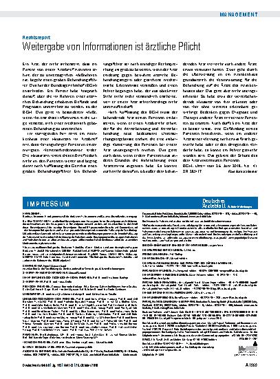 Vorschauseite 1: Rechtsreport: Weitergabe von Informationen ist ärztliche Pflicht