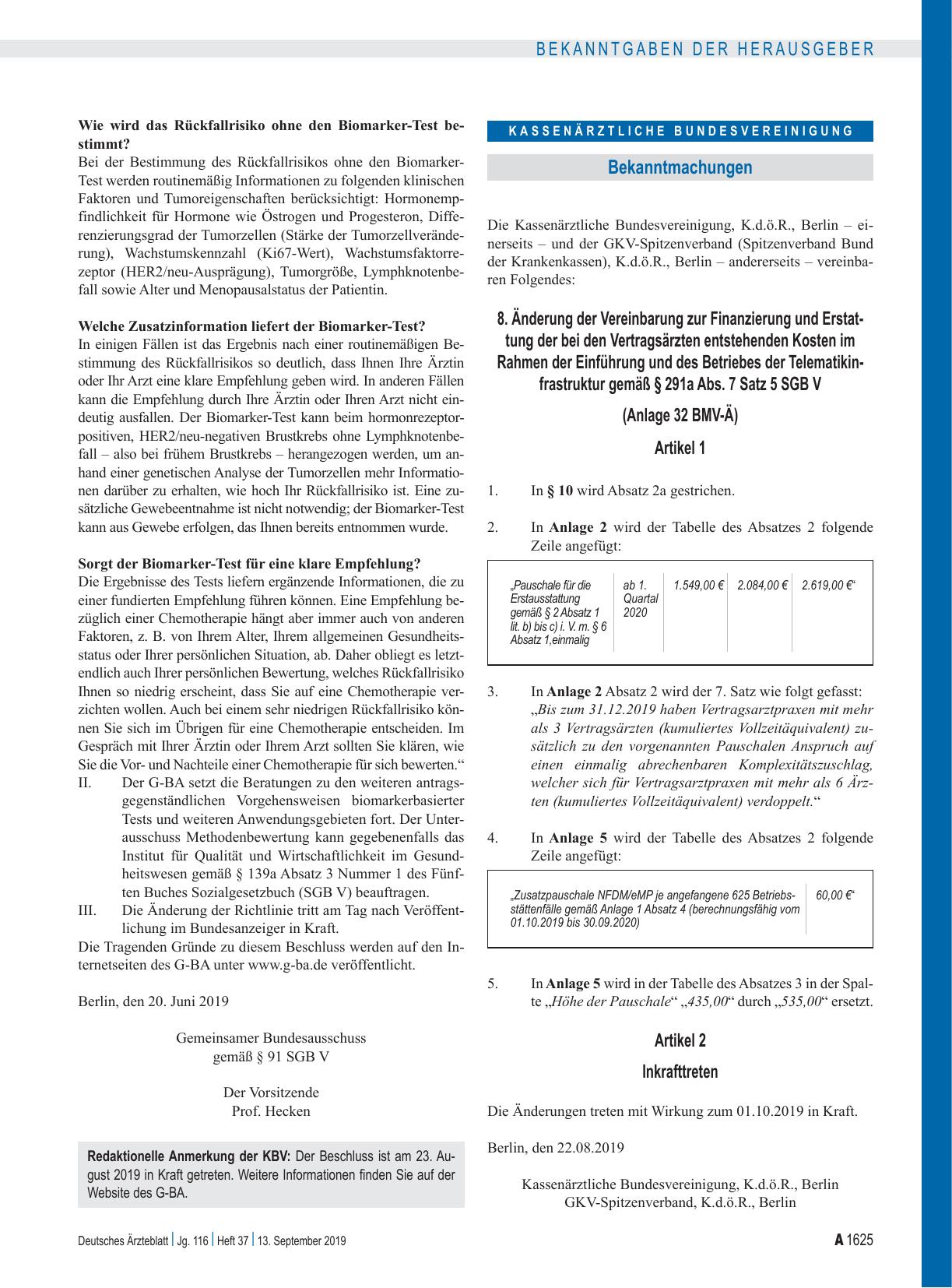 Vorschauseite 1: 8. Änderung der Vereinbarung zur Finanzierung und Erstattung der bei den Vertragsärzten entstehenden Kosten im Rahmen der Einführung und des Betriebes der Telematikinfrastruktur g…