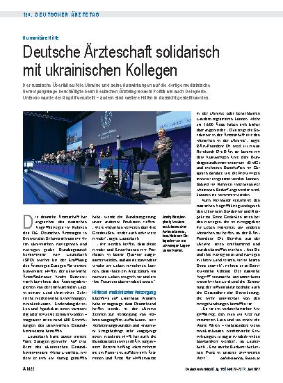 Vorschauseite 1: Humanitäre Hilfe: Deutsche Ärzteschaft solidarisch mit ukrainischen Kollegen