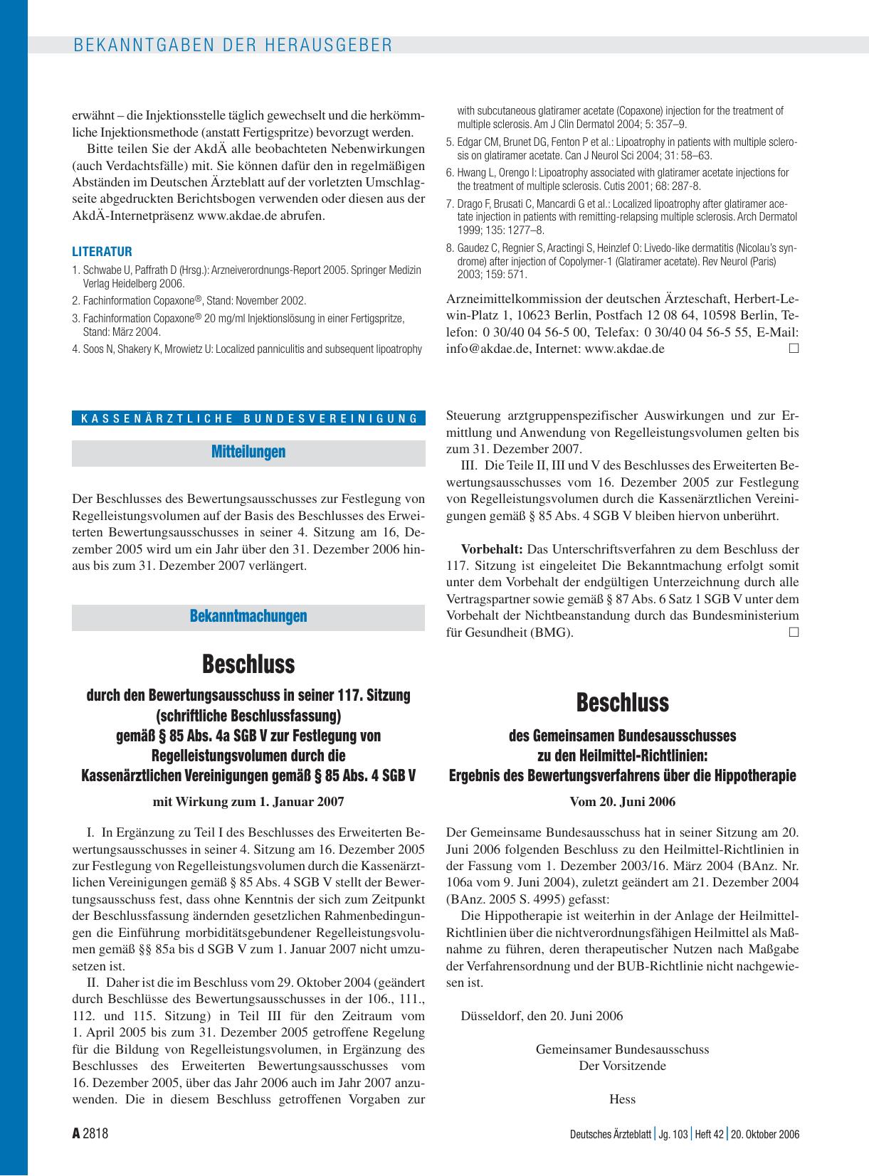 Vorschauseite 1: Bekanntmachungen: Beschluss des Gemeinsamen Bundesausschusses zu den Heilmittel-Richtlinien: Ergebnis des Bewertungsverfahrens über die Hippotherapie vom 20. Juni 2006