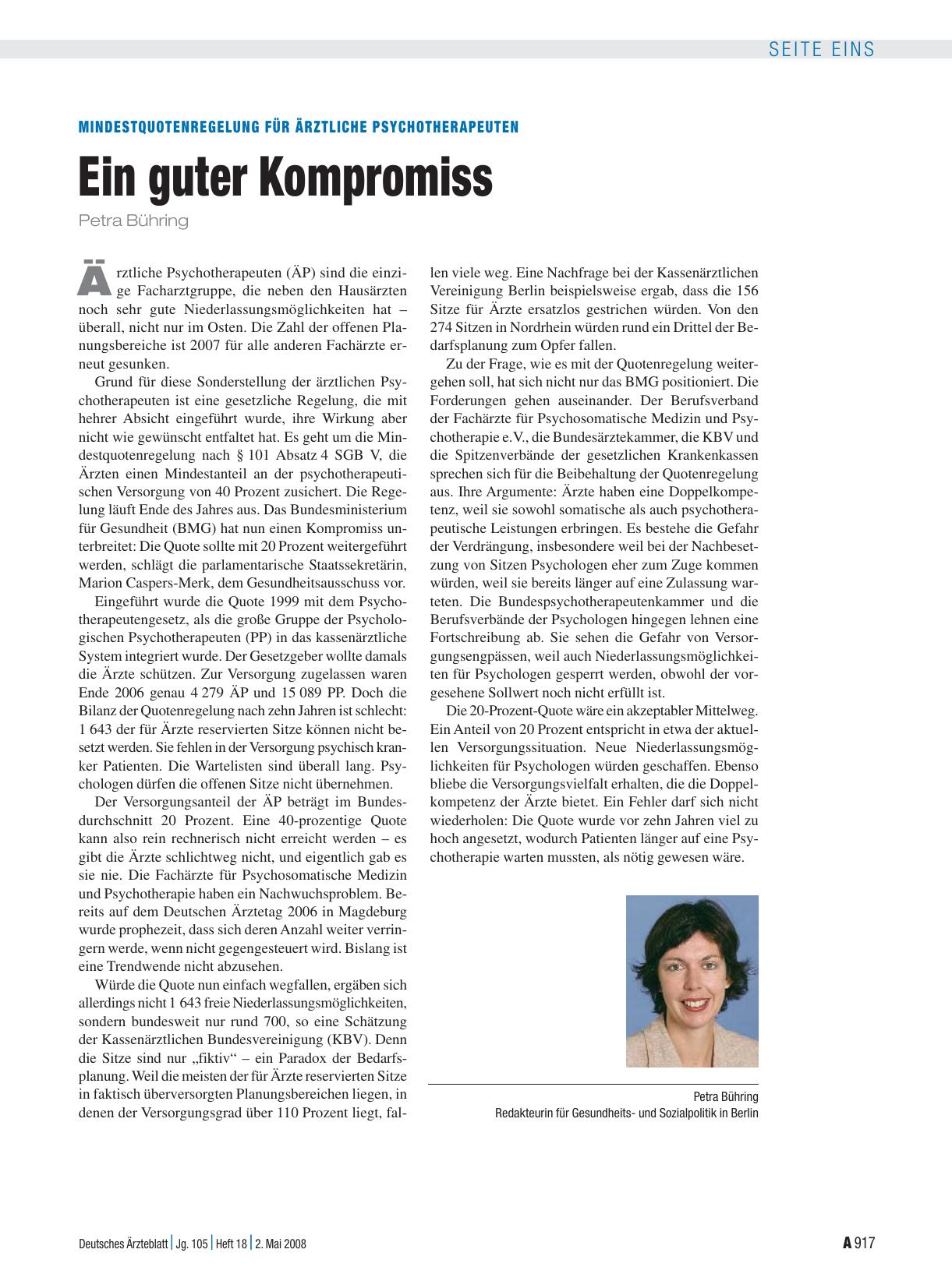 Vorschauseite 1: Mindestquotenregelung für ärztliche Psychotherapeuten: Ein guter Kompromiss