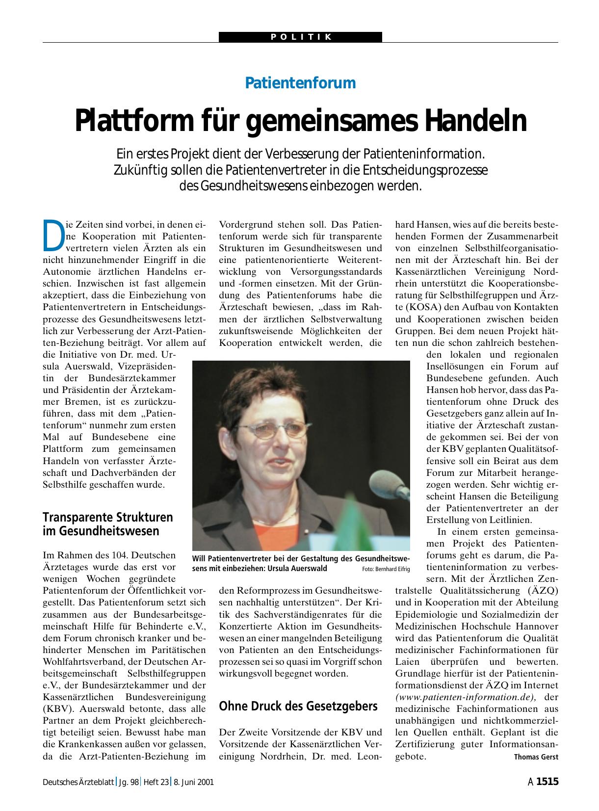 Vorschauseite 1: Patientenforum: Plattform für gemeinsames Handeln