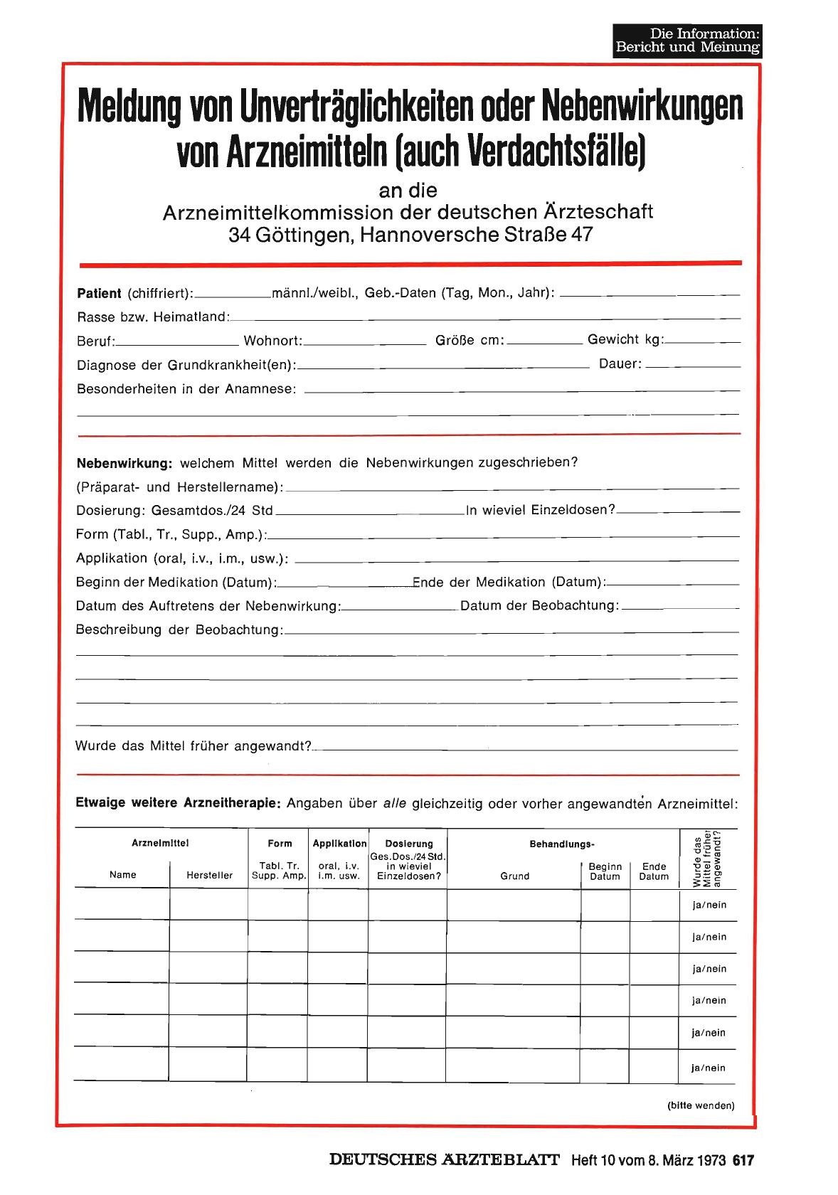 Vorschauseite 1: Meldung von Unverträglichkeiten oder Nebenwirkungen von Arzneimitteln (auch Verdachtsfälle)