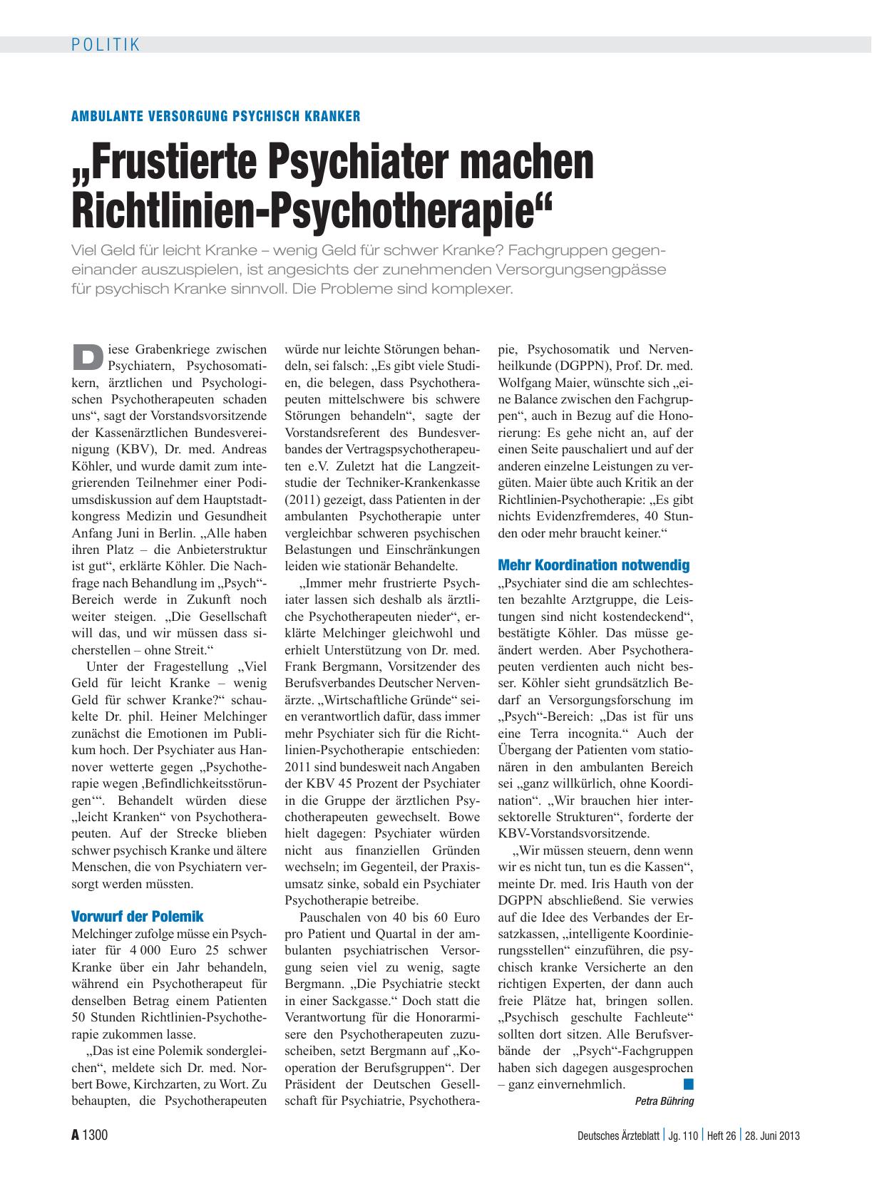 Vorschauseite 1: Ambulante Versorgung psychisch Kranker: „Frustierte Psychiater machen Richtlinien-Psychotherapie“