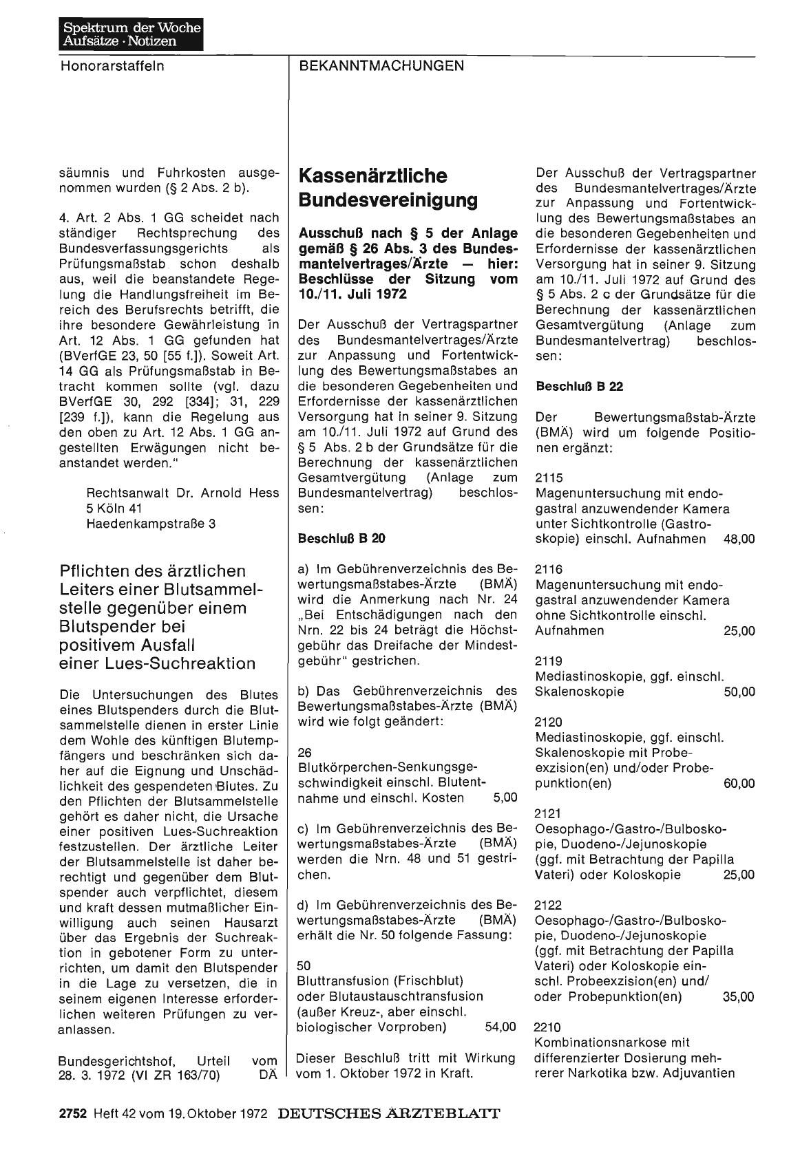 Vorschauseite 1: Kassenärztliche Bundesvereinigung: Ausschuß nach § 5 der Anlage gemäß § 26 Abs. 3 des Bundesmantelvertrages/Ärzte — hier: Beschlüsse der Sitzung vom 10. /11. Juli 1972