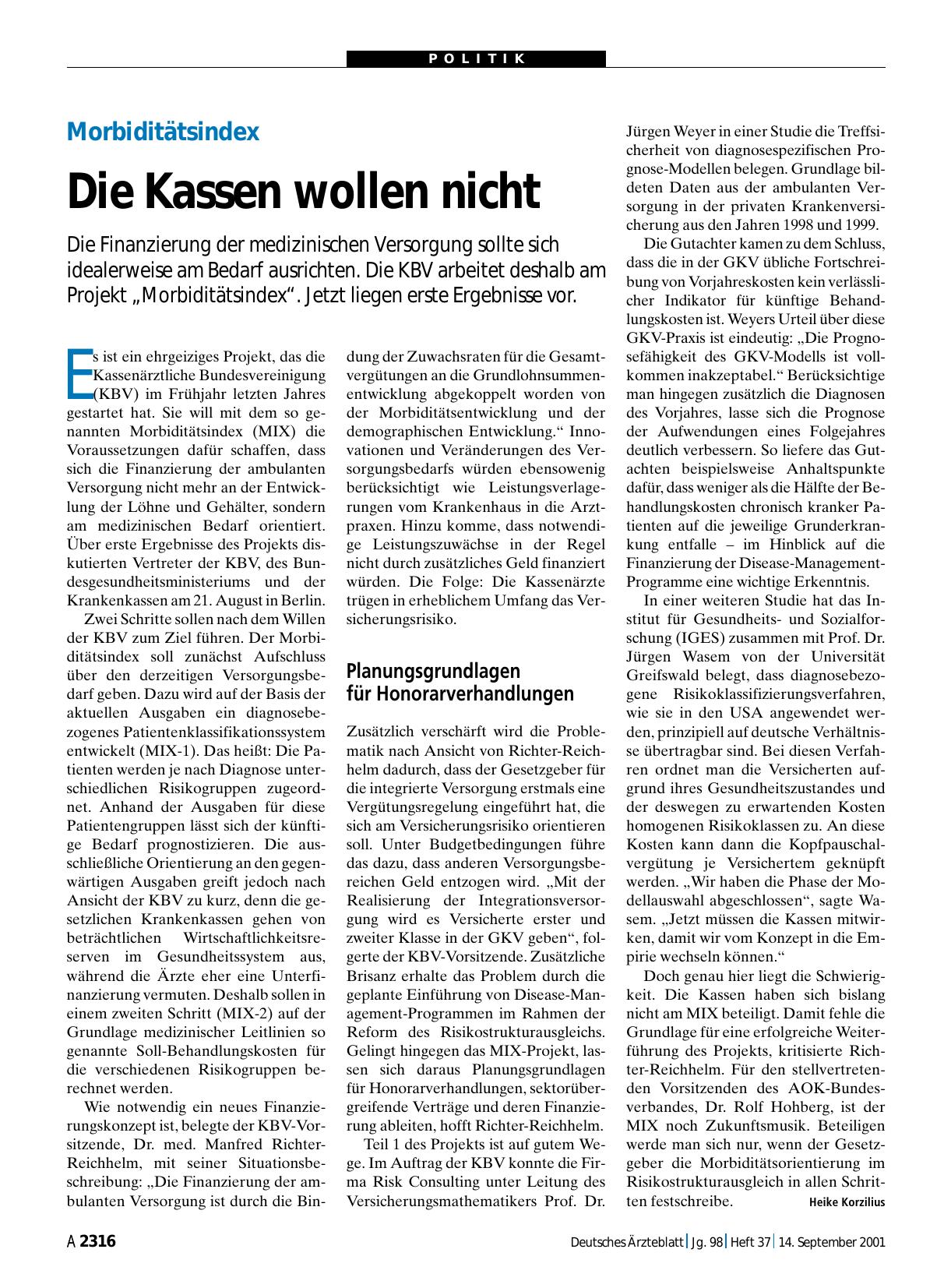 Vorschauseite 1: Morbiditätsindex: Die Kassen wollen nicht