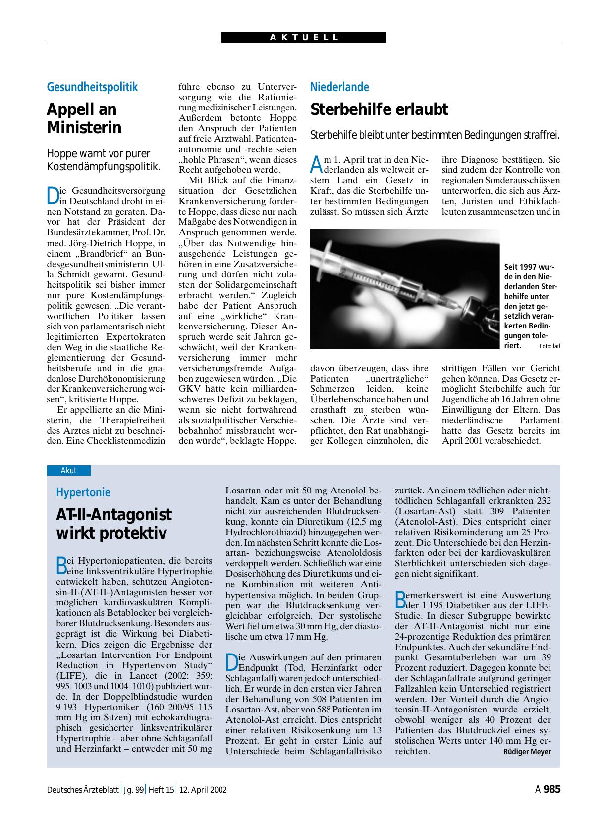 Vorschauseite 1: Niederlande: Sterbehilfe erlaubt